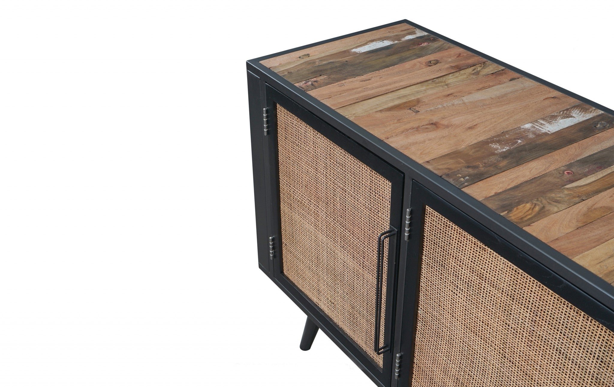 Rustic Black Natural and Rattan Media Cabinet with Three Doors-8
