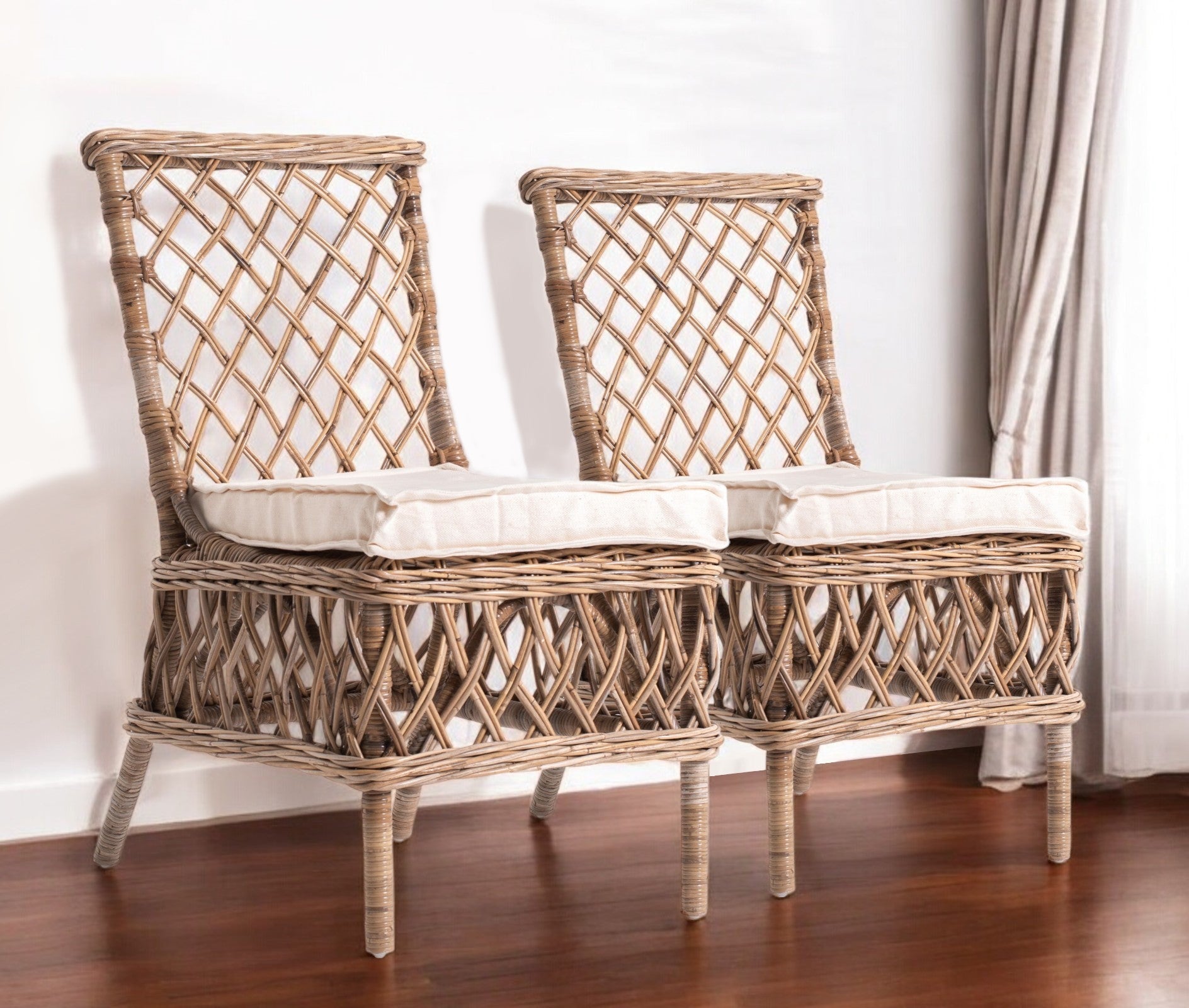 Set of Two Cream And Natural Rattan Cross Back Dining Parsons Chairs-0