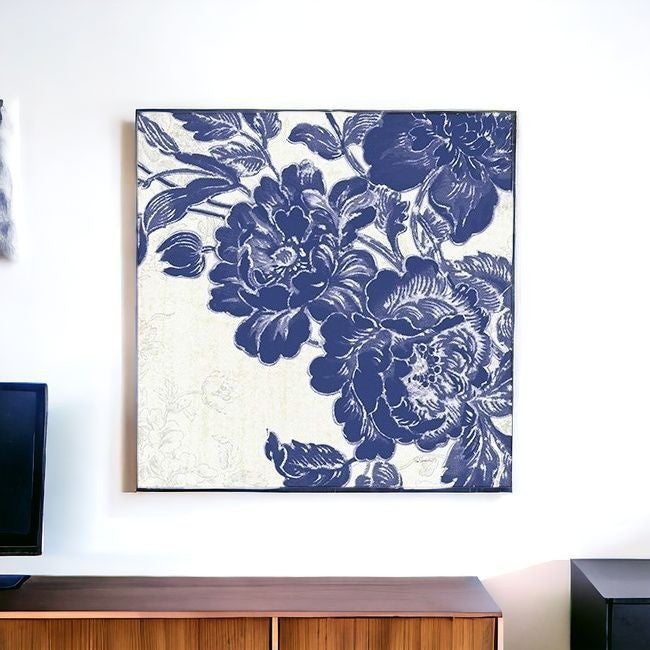 Blue Toile Rose Unframed Print Wall Art-2