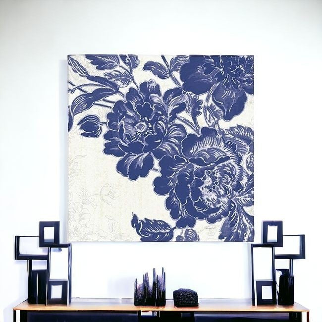 Blue Toile Rose Unframed Print Wall Art-1