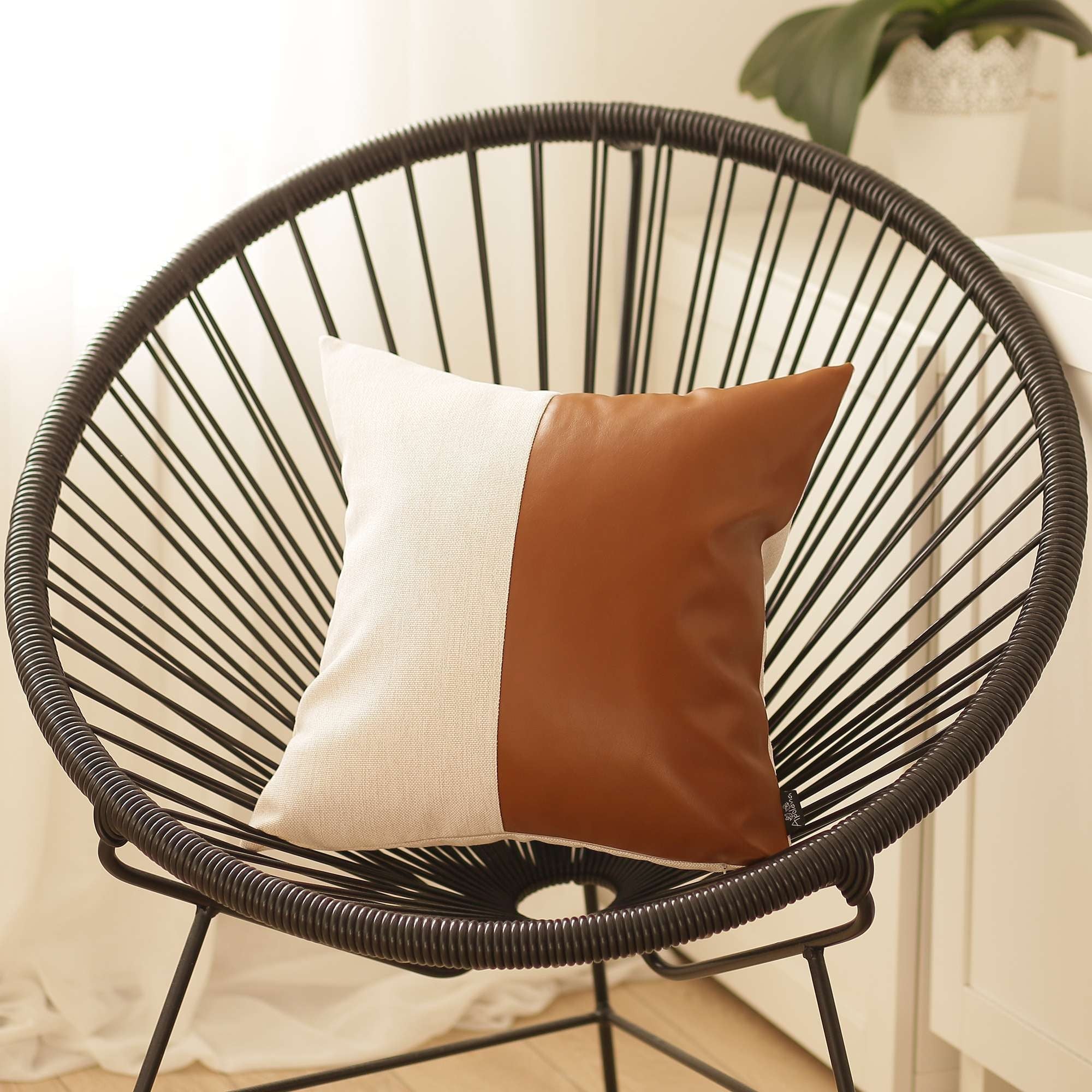 Two Toned White and Brown Faux Leather Pillow-0