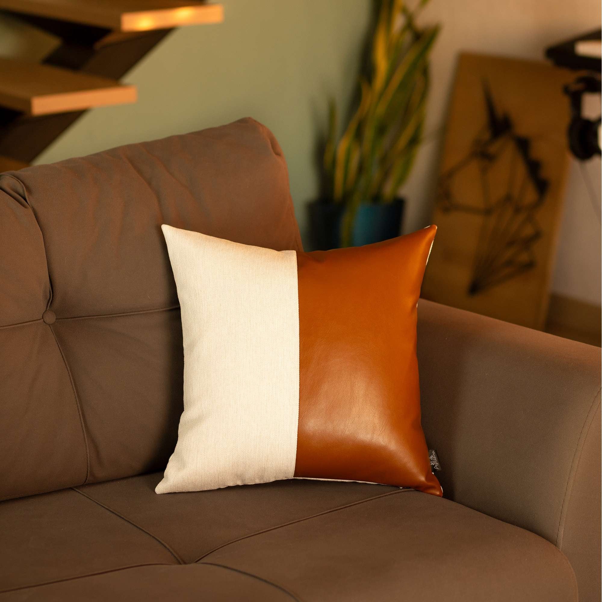 Two Toned White and Brown Faux Leather Pillow-1