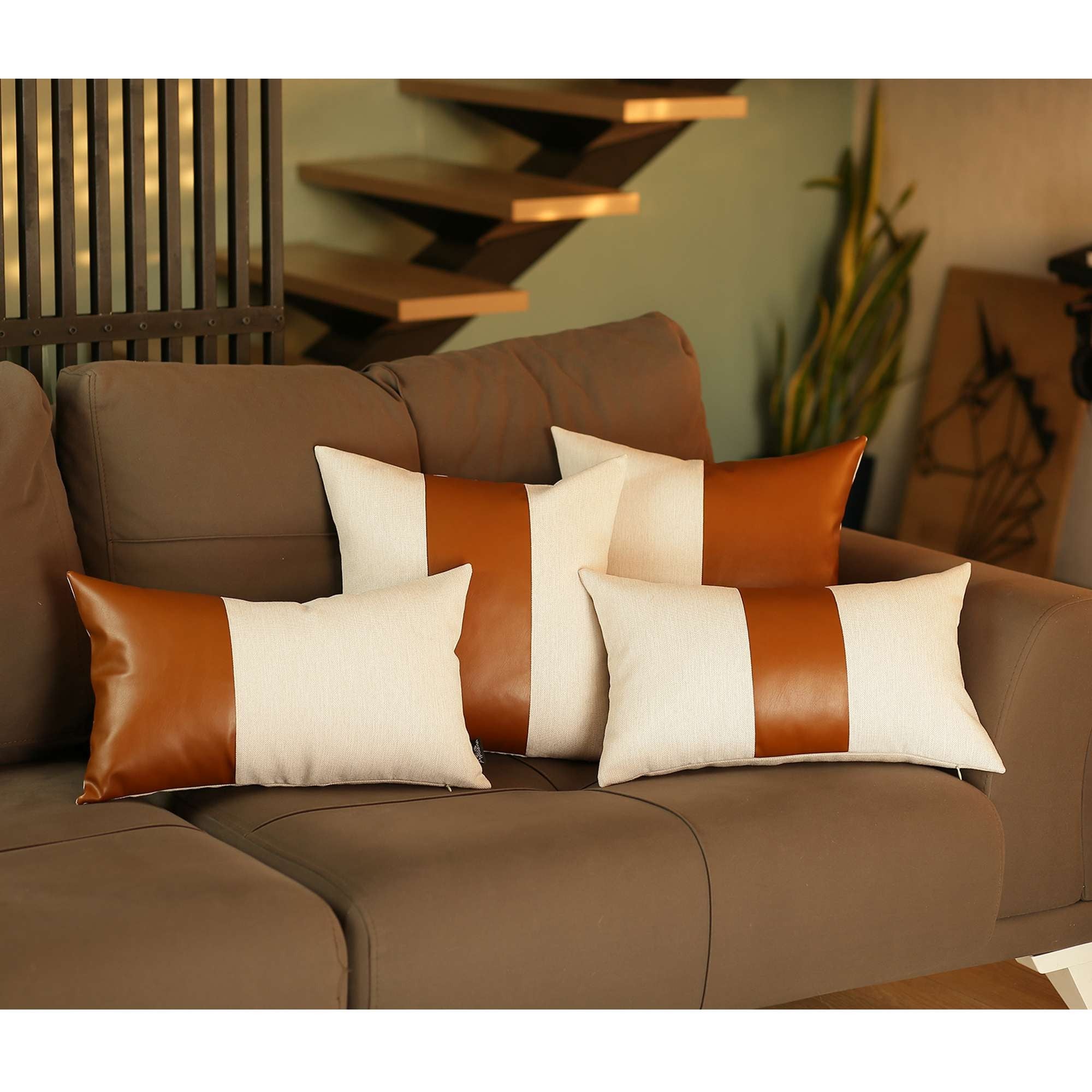 Two Toned White and Brown Faux Leather Pillow-2