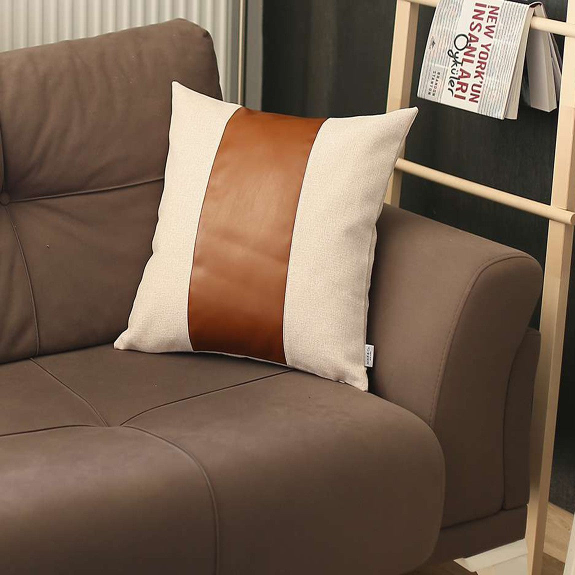 White and Brown Strap Faux Leather Throw Pillow-0
