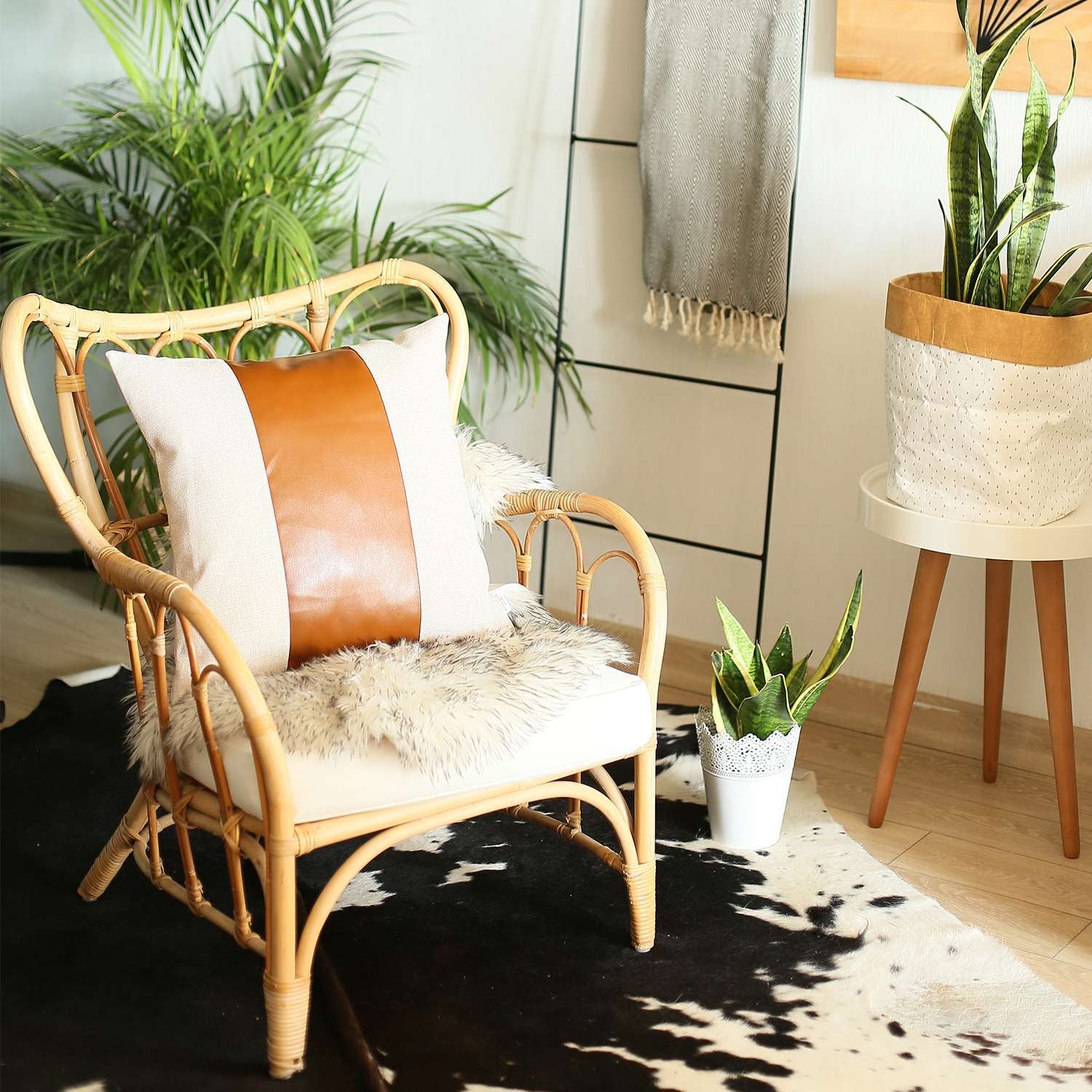 White and Brown Strap Faux Leather Throw Pillow-1