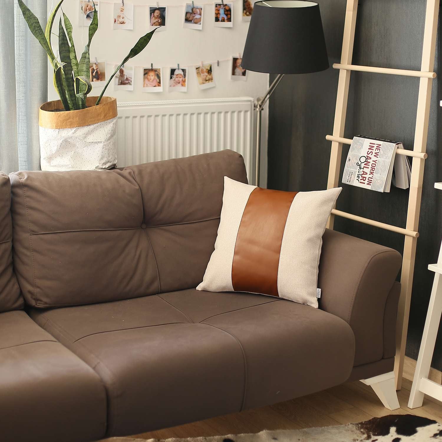 White and Brown Strap Faux Leather Throw Pillow-2