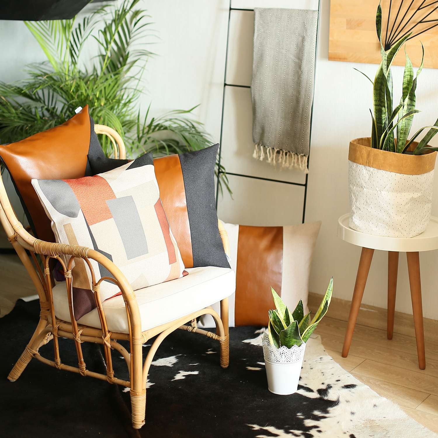 White and Brown Strap Faux Leather Throw Pillow-3