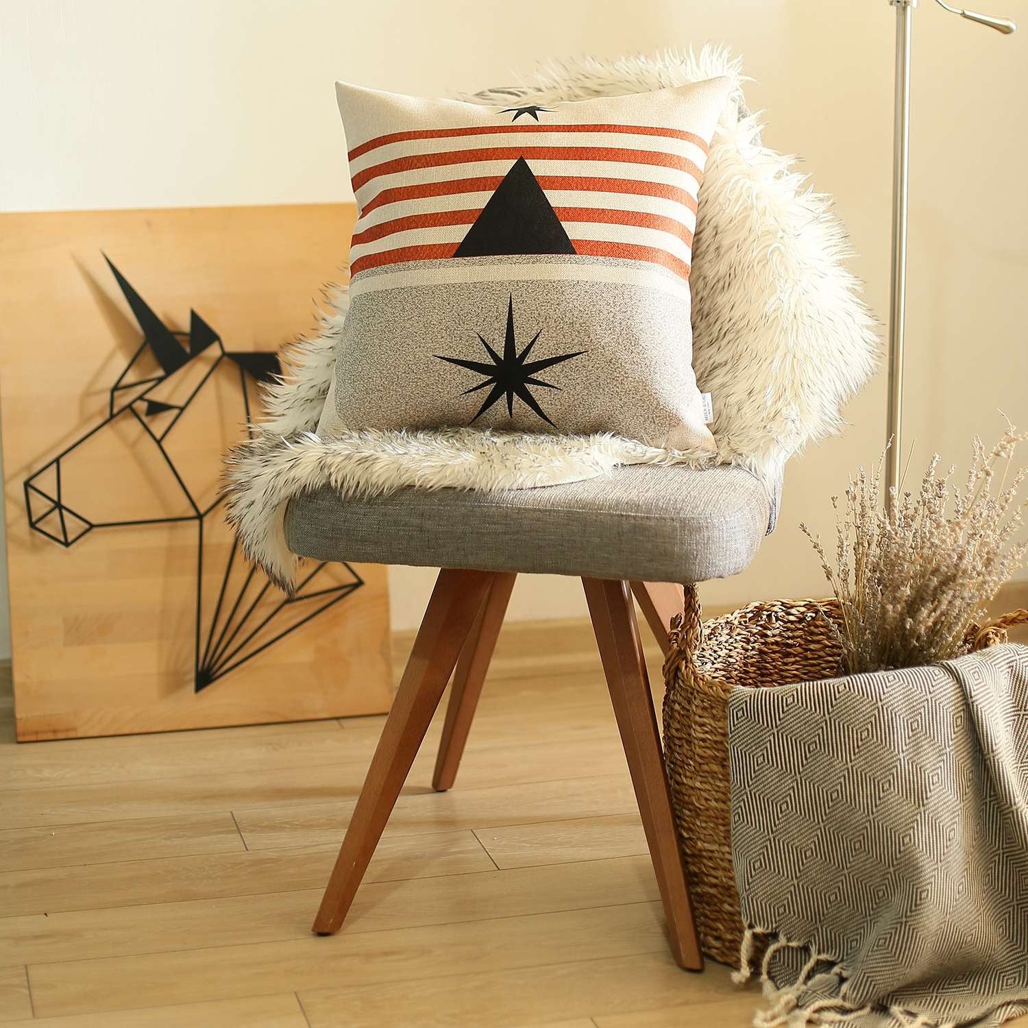 Orange and Ivory Geometric Striped Throw Pillow-0