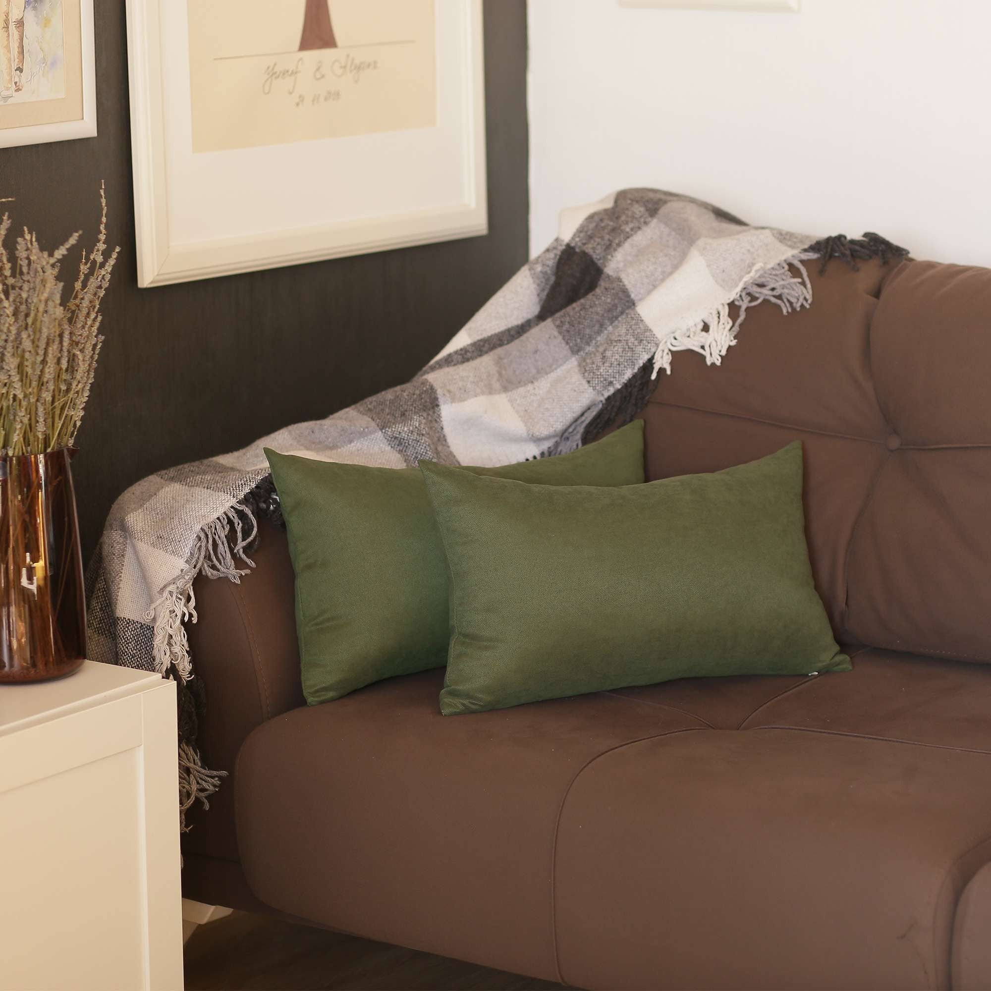 Set of Two 12" X 20" Green Fabric Lumbar Throw Pillows-1