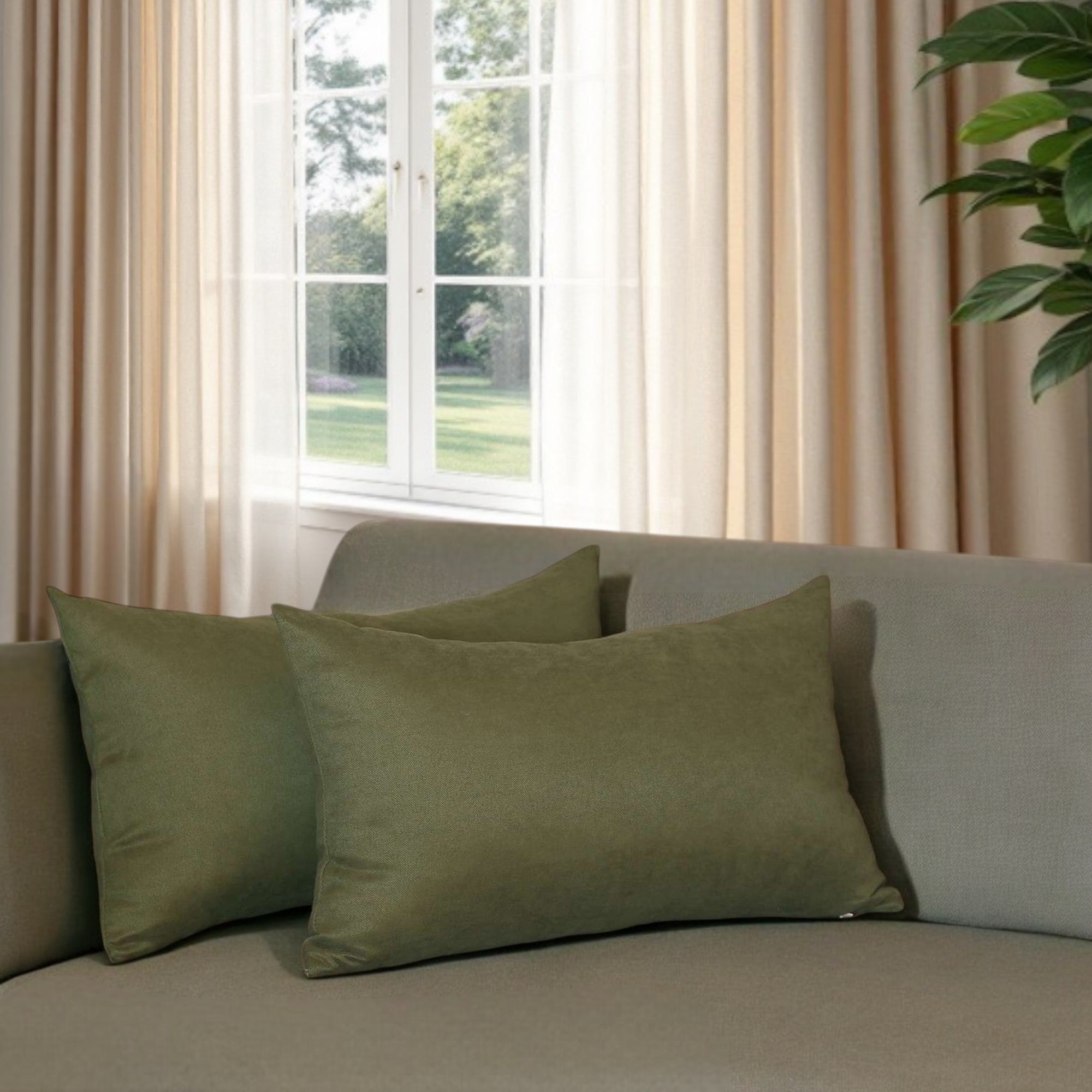 Set of Two 12" X 20" Green Fabric Lumbar Throw Pillows-0