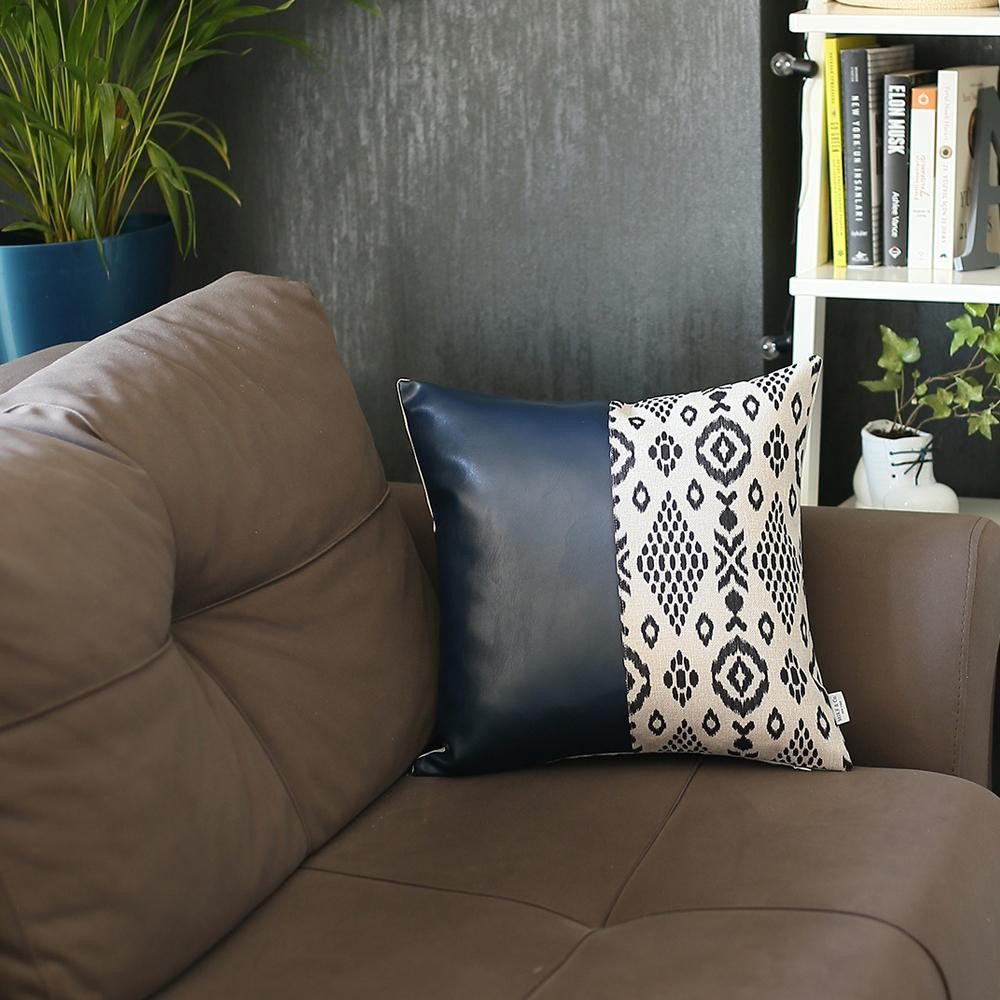 Navy Blue Divided Faux Leather Throw Pillow-1