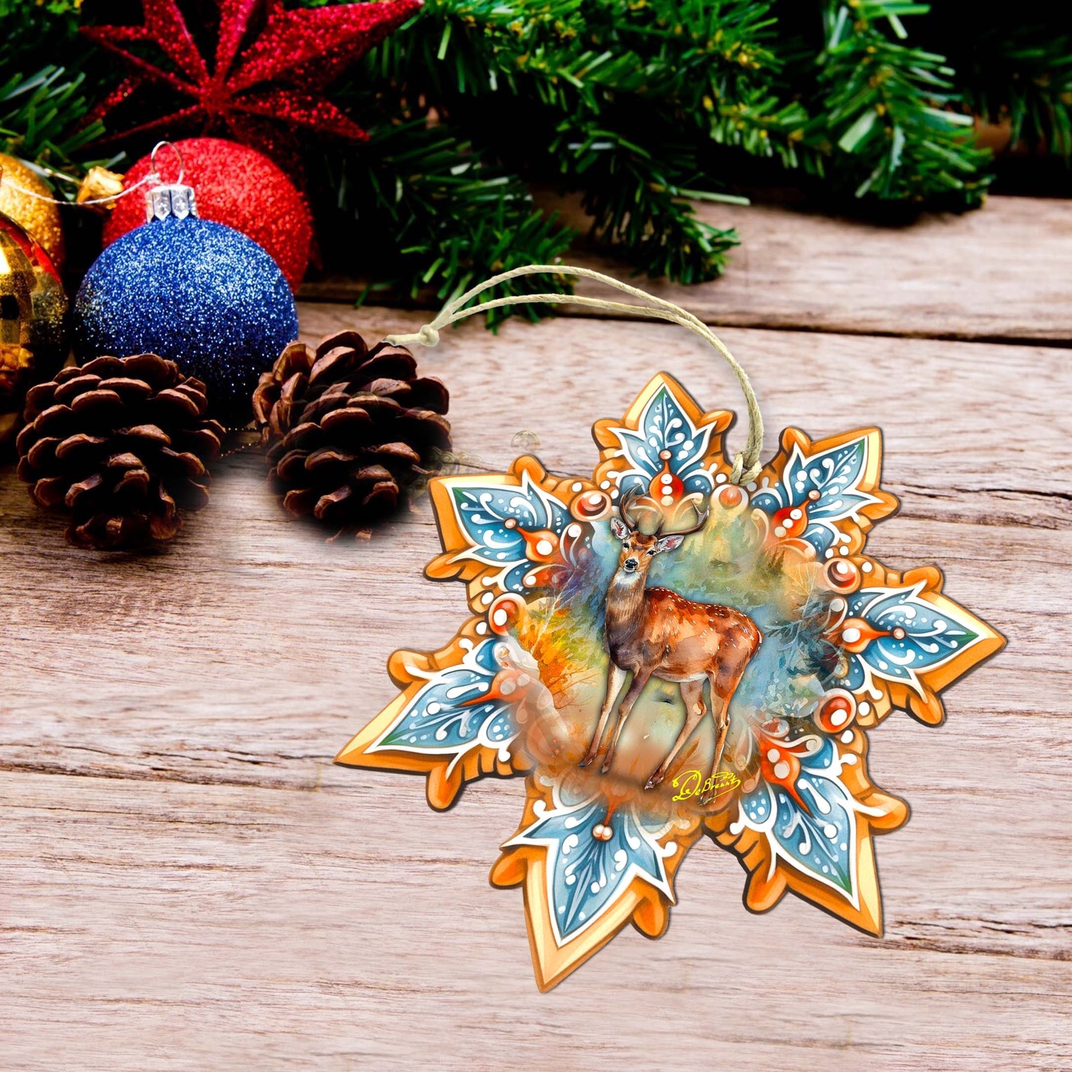 Forest Elk Snowflake Large Wooden Ornament by G. Debrekht - Nature Wildlife Decor - 8688413M-2