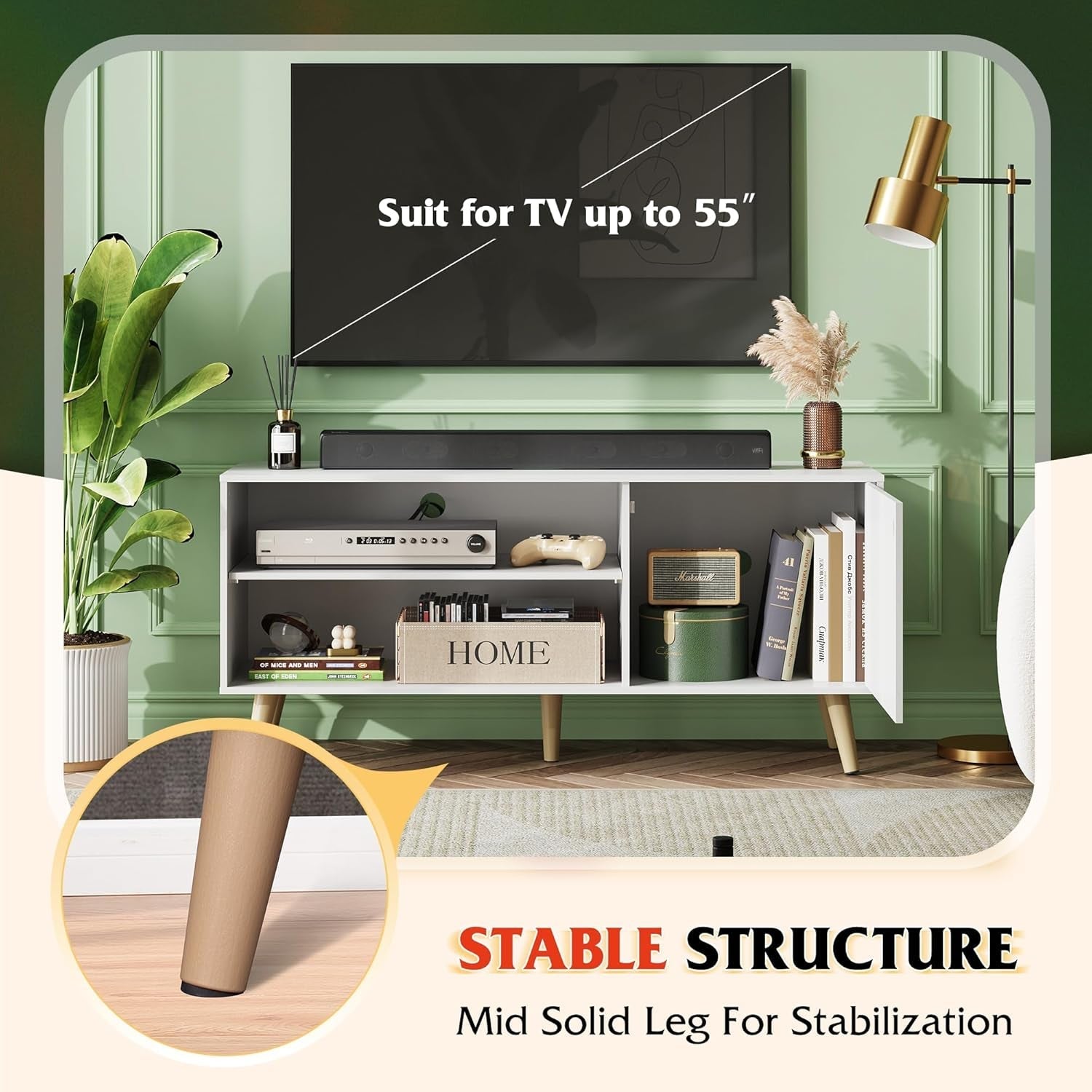 55-Inch TV Stand White Mid-Century Modern Storage Shelves-2