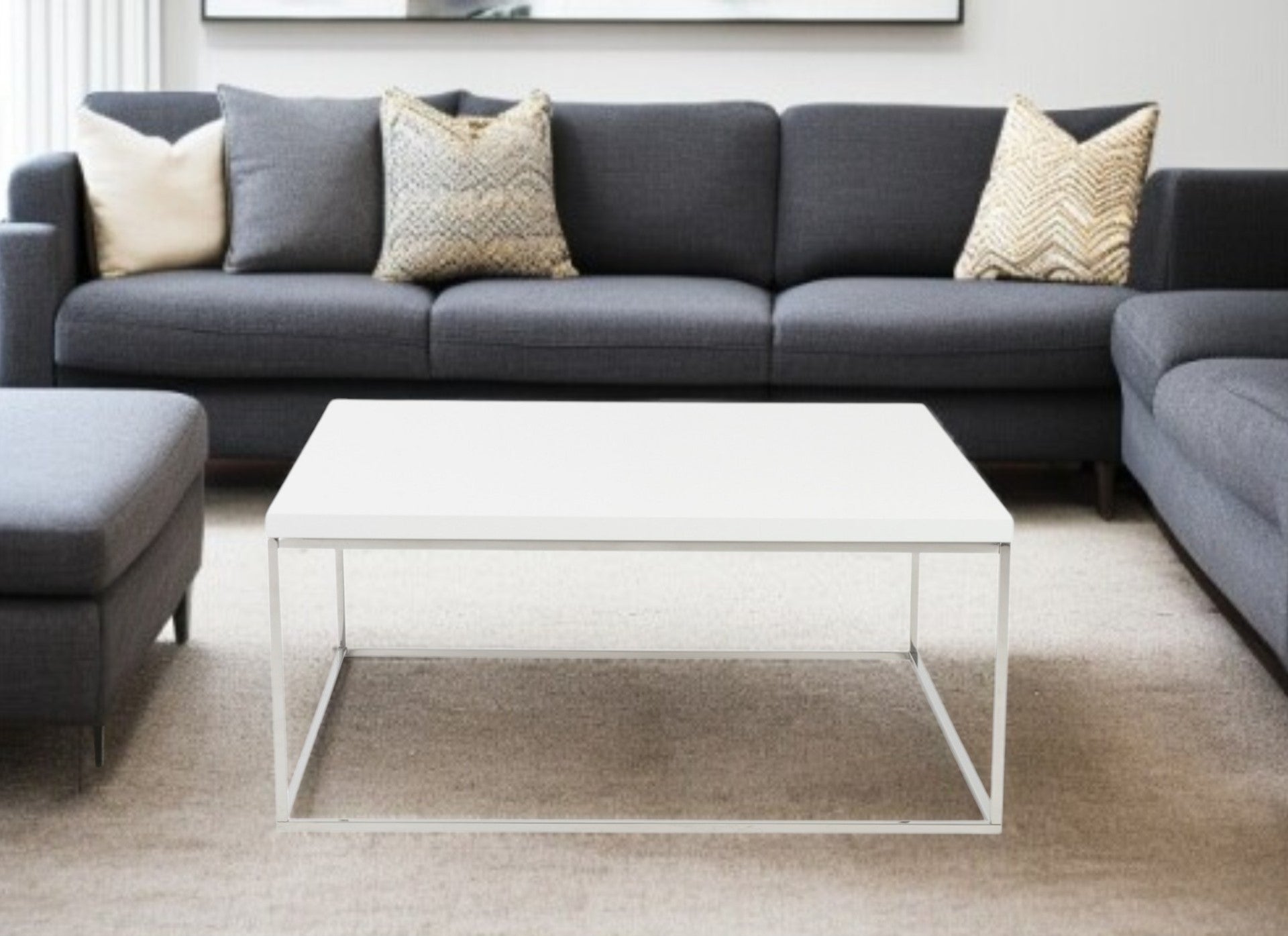 35" White and Silver Wood And Metal Square Frame Coffee Table-0