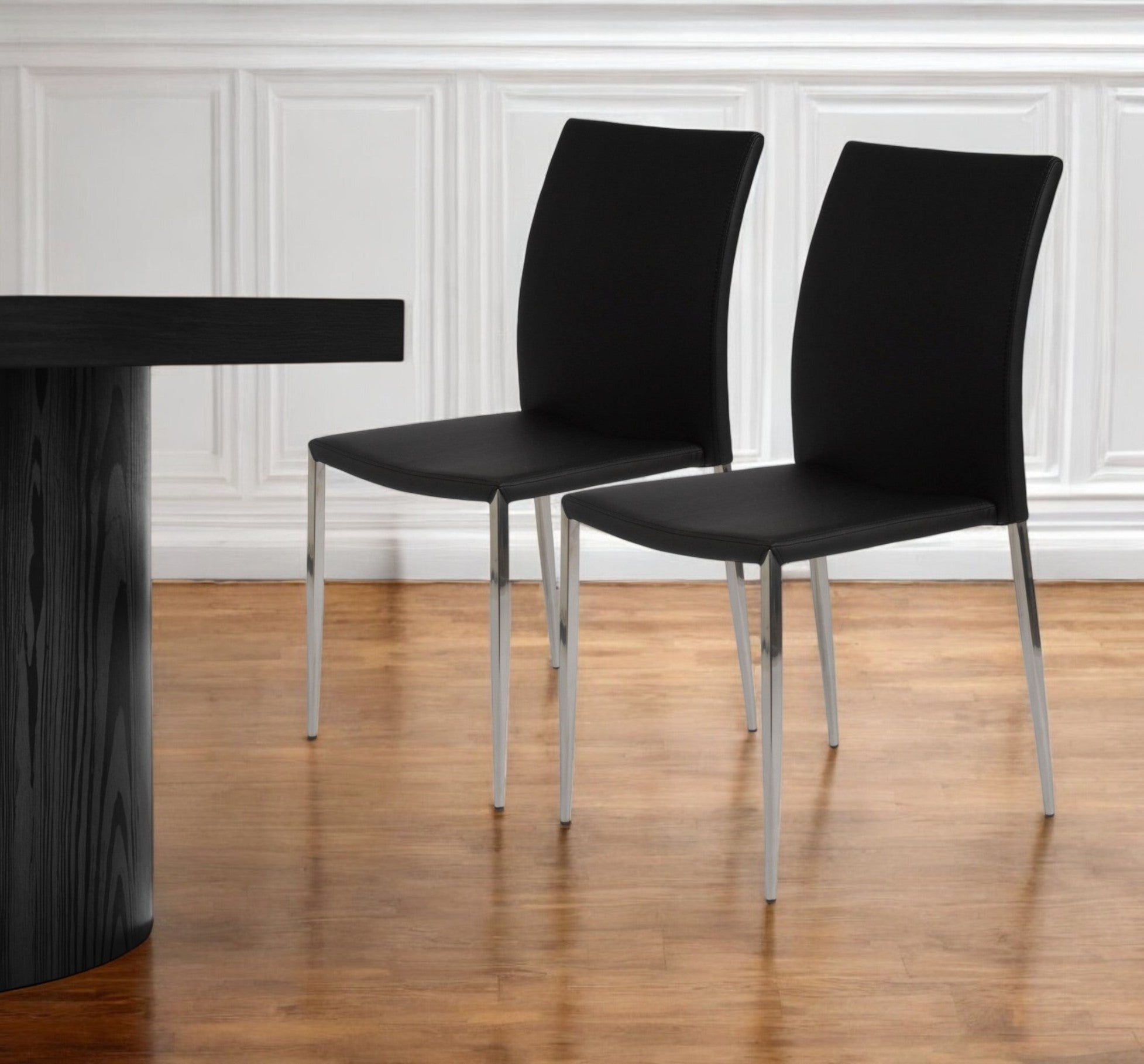 Set of Two Black and Silver Upholstered Faux Leather Dining Side Chairs-0