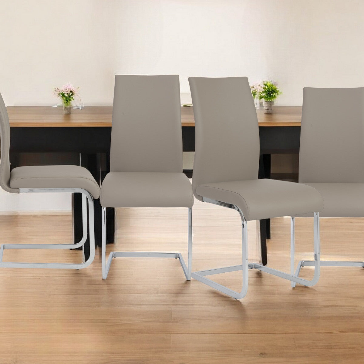 Set of Four Taupe and Silver Upholstered Leather Dining Side Chairs-0