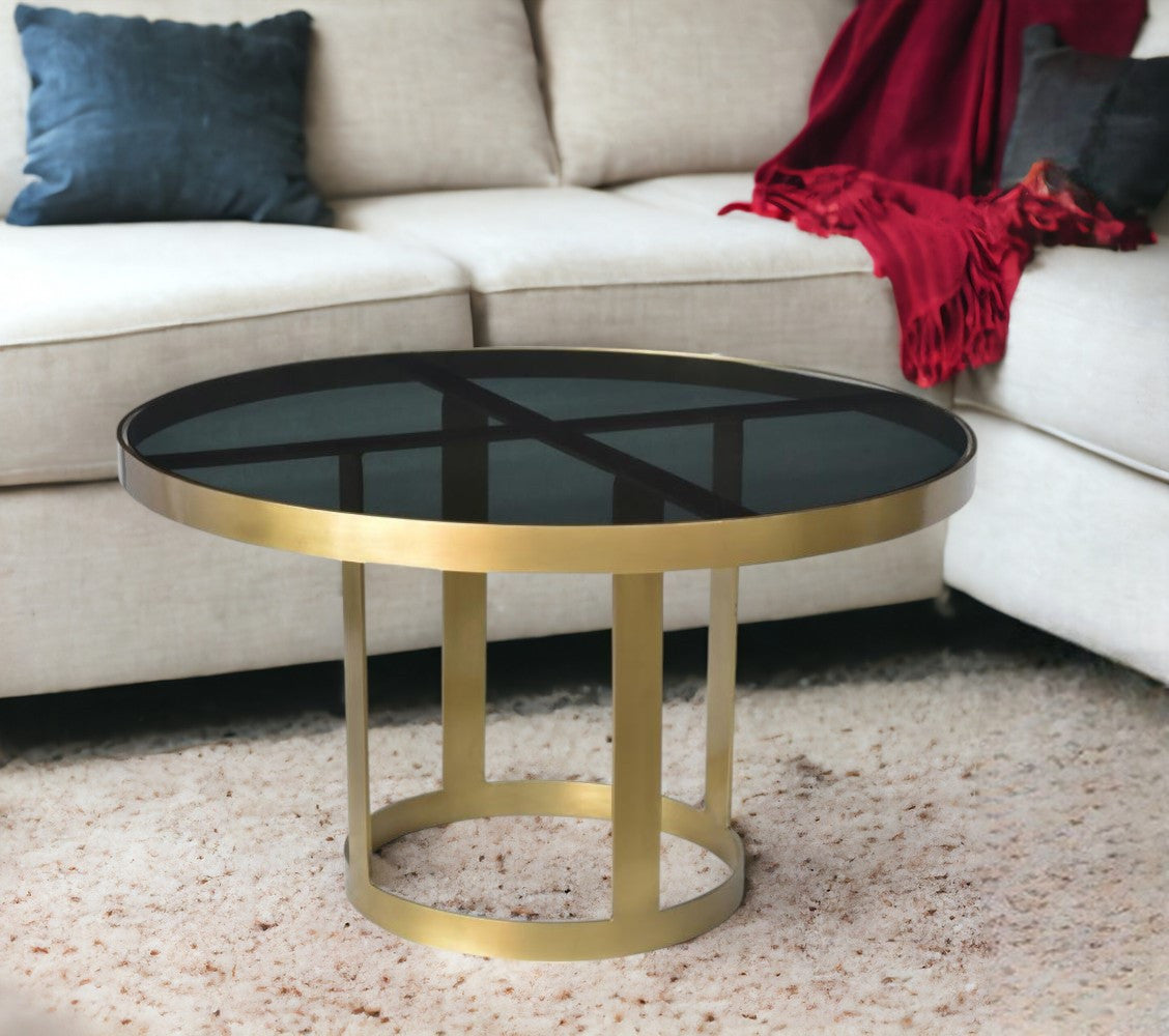 32" Black and Gold Glass and Iron Round Frame Coffee Table-1