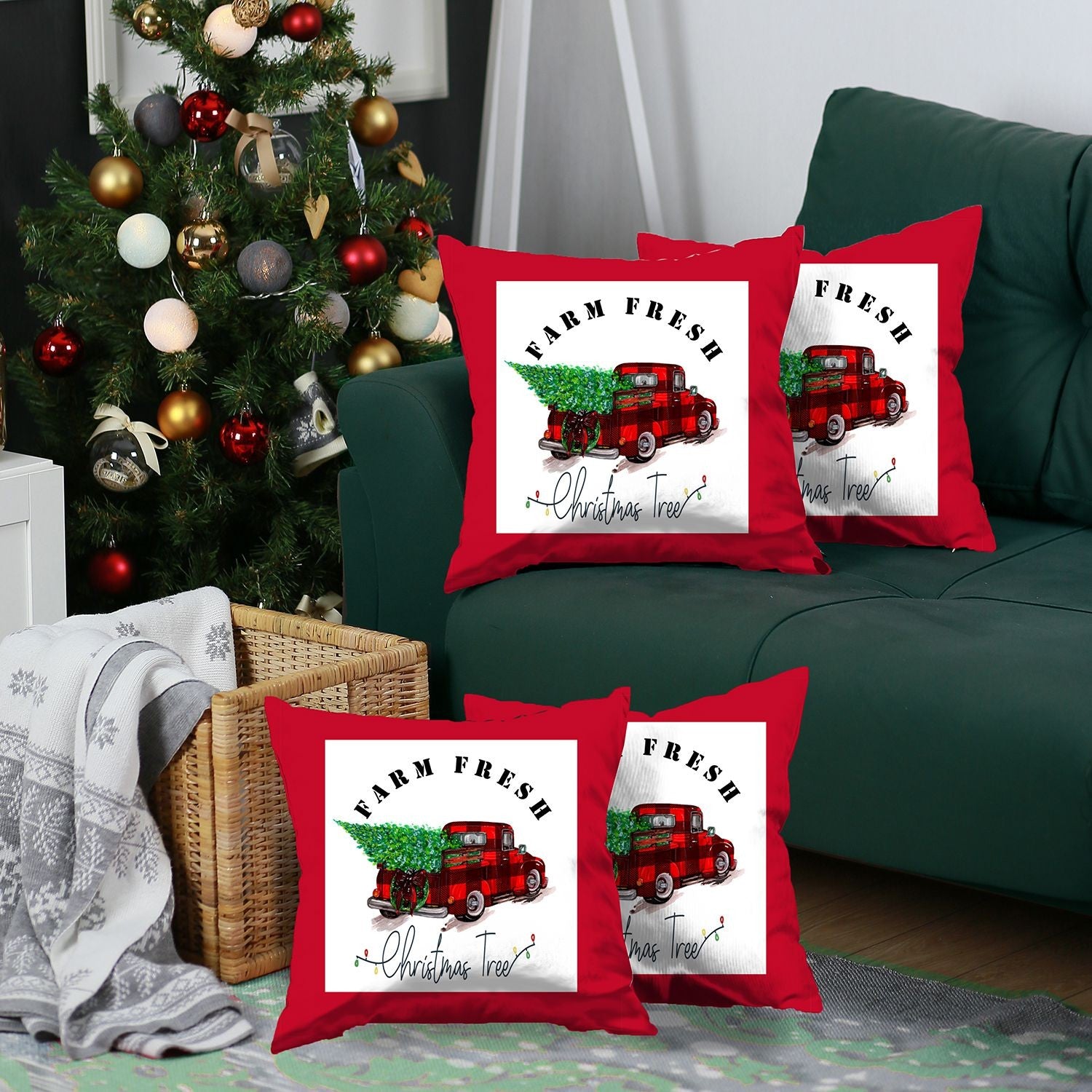Set Of Four 18 X 18 Red Plaid Zippered Polyester Christmas Tree Throw Pillow-5