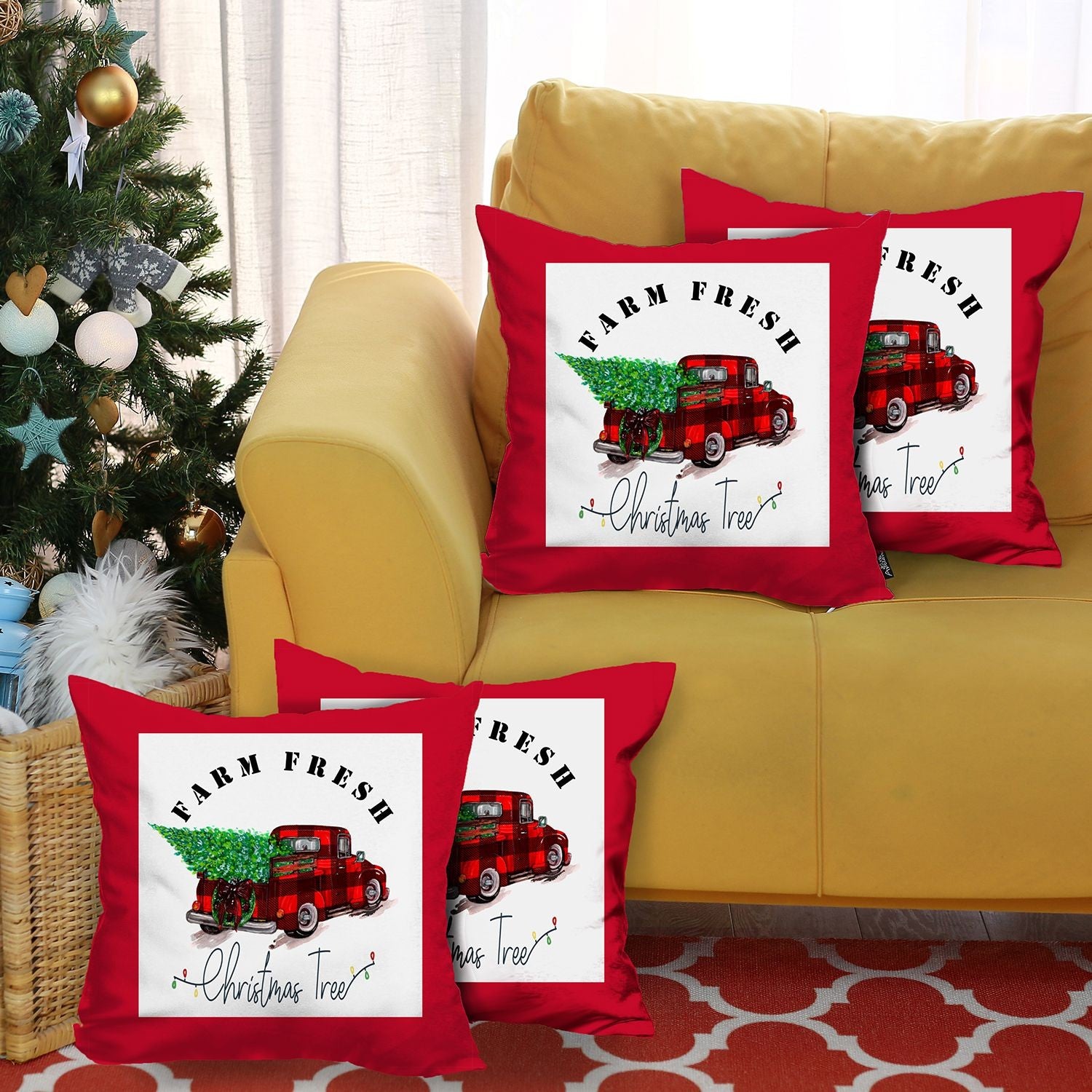 Set Of Four 18 X 18 Red Plaid Zippered Polyester Christmas Tree Throw Pillow-6