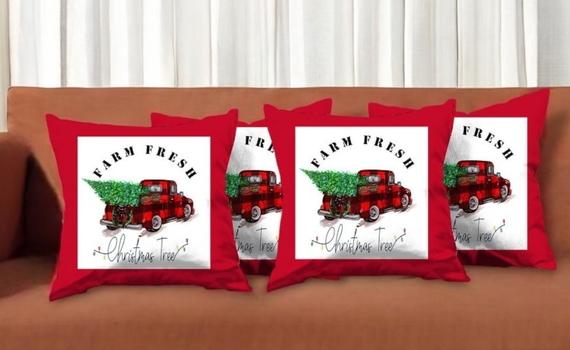Set Of Four 18 X 18 Red Plaid Zippered Polyester Christmas Tree Throw Pillow-0
