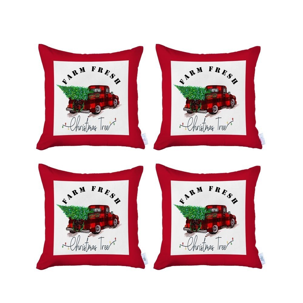 Set Of Four 18 X 18 Red Plaid Zippered Polyester Christmas Tree Throw Pillow-3
