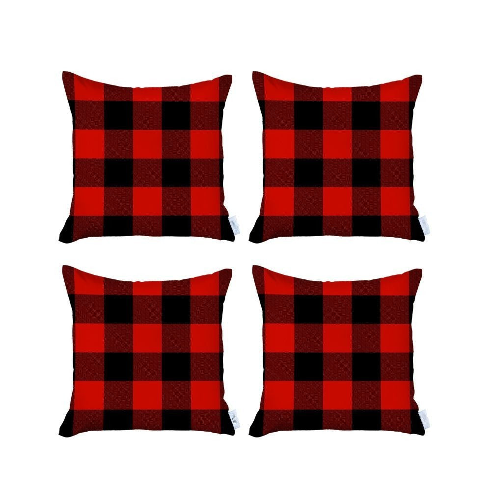 Set Of Four 18 X 18 Red And Black Plaid Zippered Polyester Christmas Throw Pillow-3