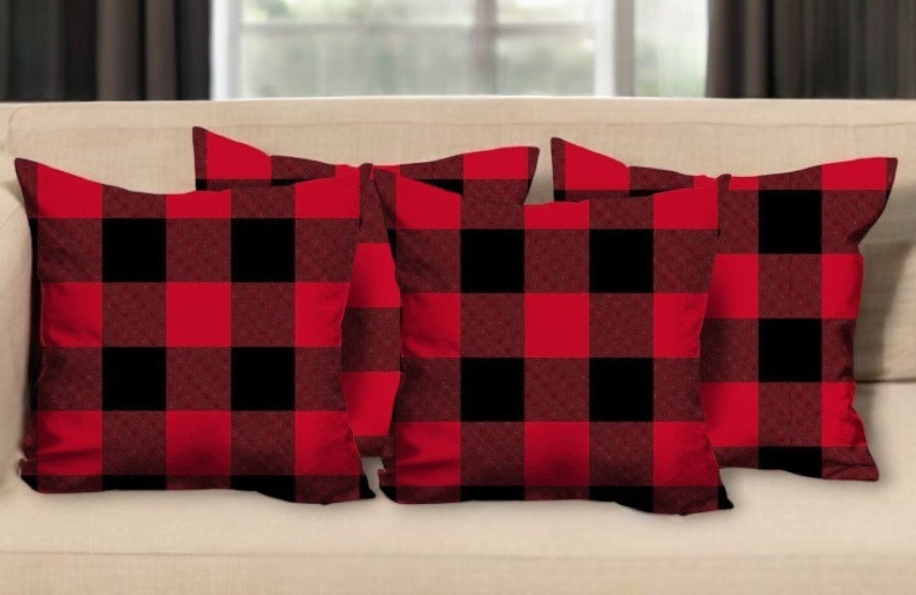Set Of Four 18 X 18 Red And Black Plaid Zippered Polyester Christmas Throw Pillow-0