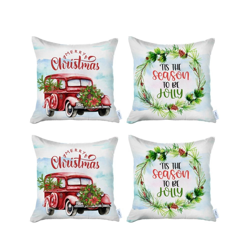 Set of Four Green Red and White Merry Christmas Tis the Season Christmas Wreath Fabric Throw Pillows-1