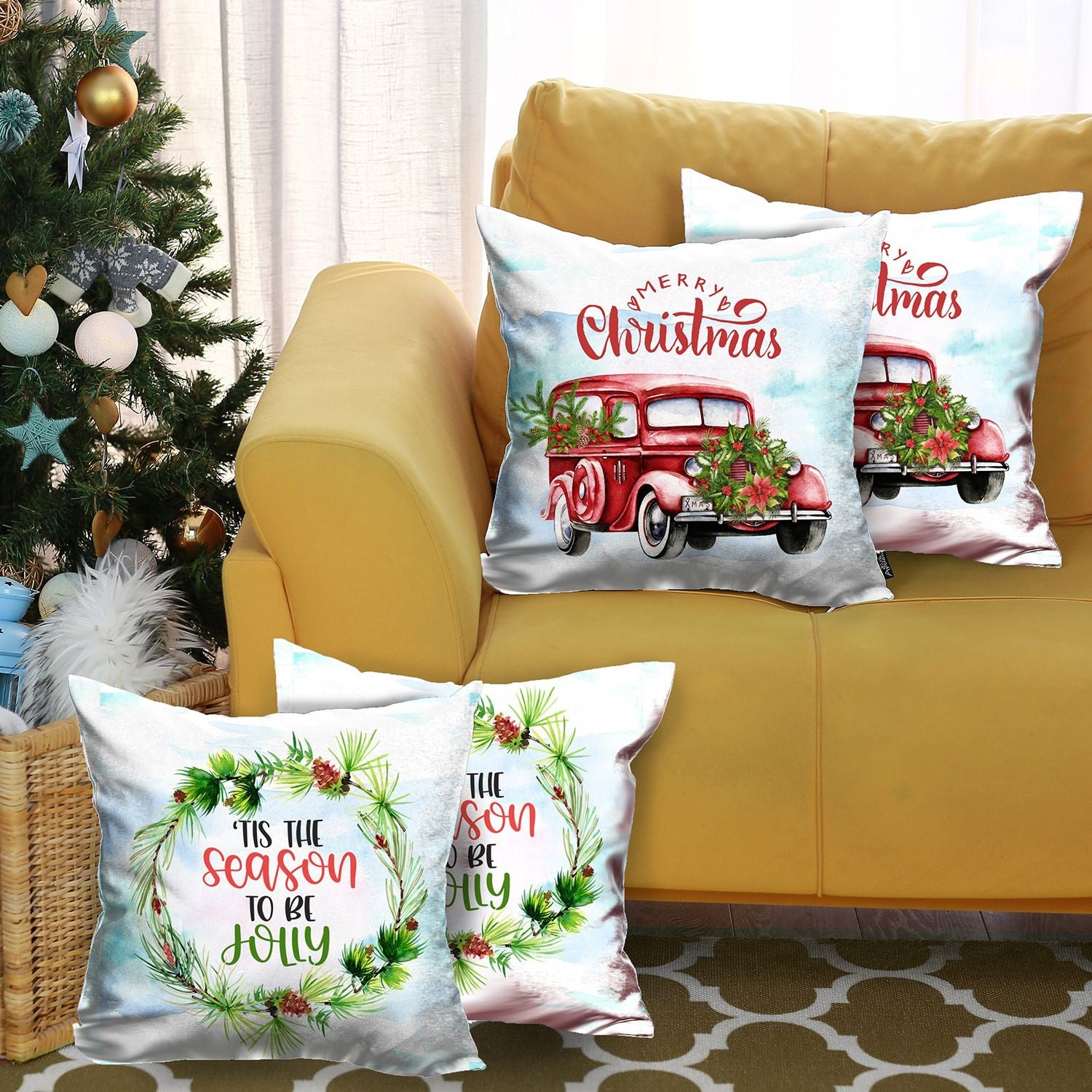 Set of Four Green Red and White Merry Christmas Tis the Season Christmas Wreath Fabric Throw Pillows-3