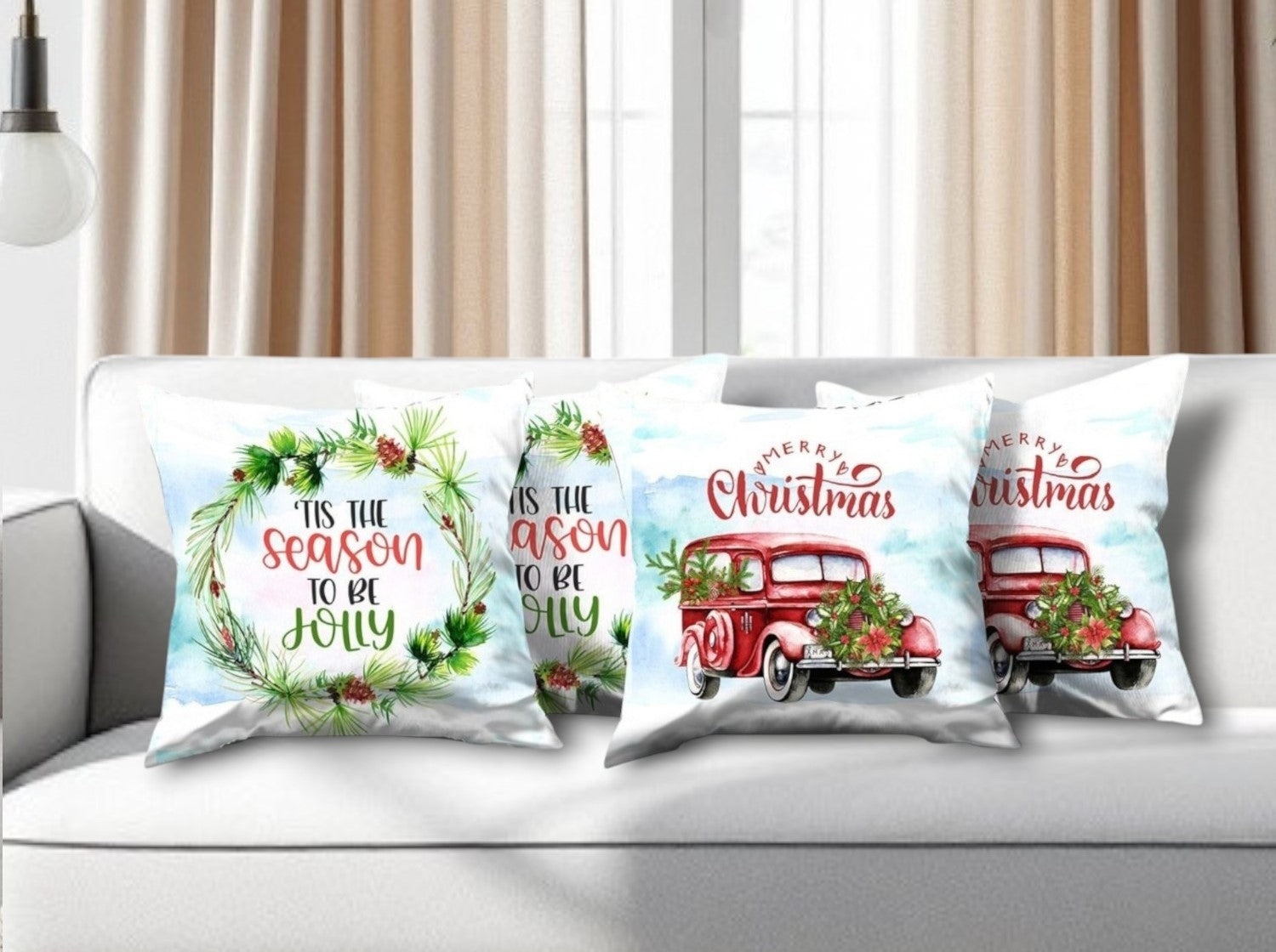 Set of Four Green Red and White Merry Christmas Tis the Season Christmas Wreath Fabric Throw Pillows-0