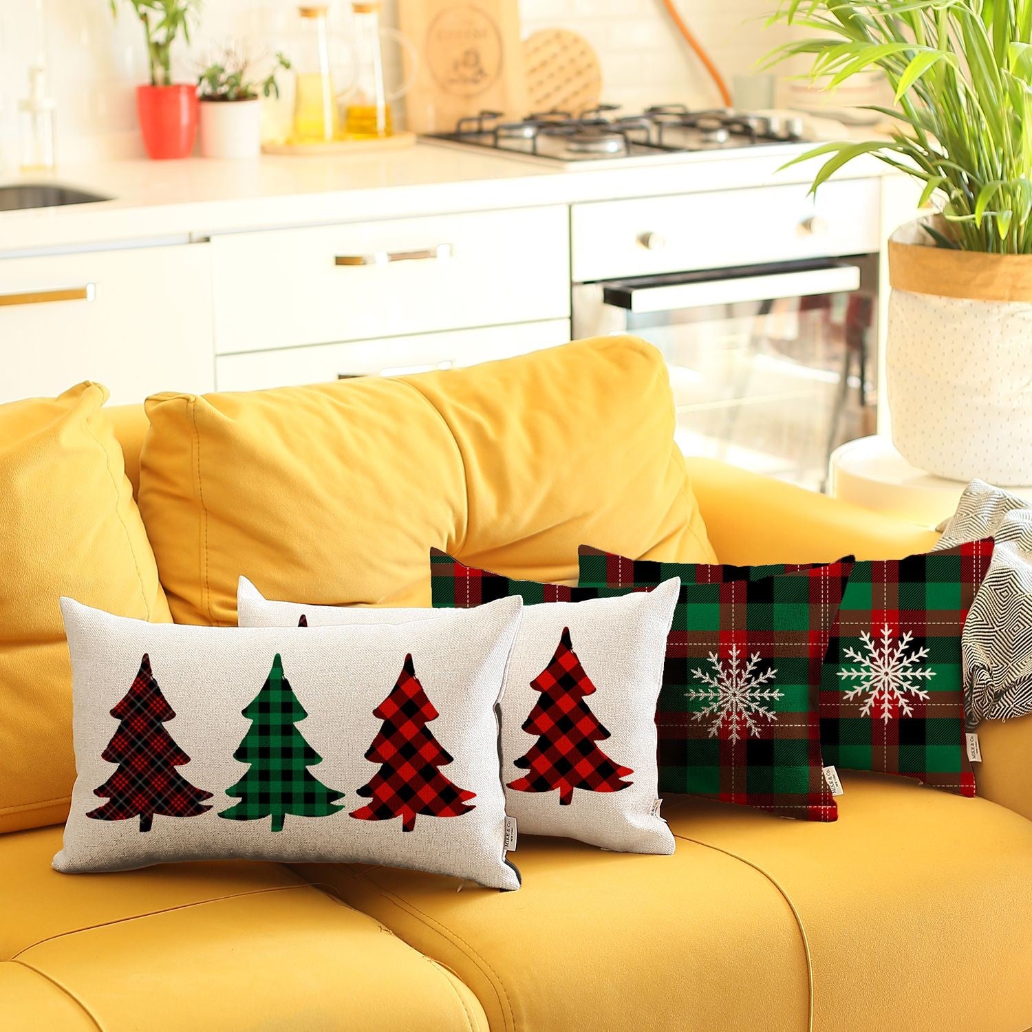Set of Four White Red and Green Christmas Trees Plaid Fabric Lumbar Throw Pillows-6