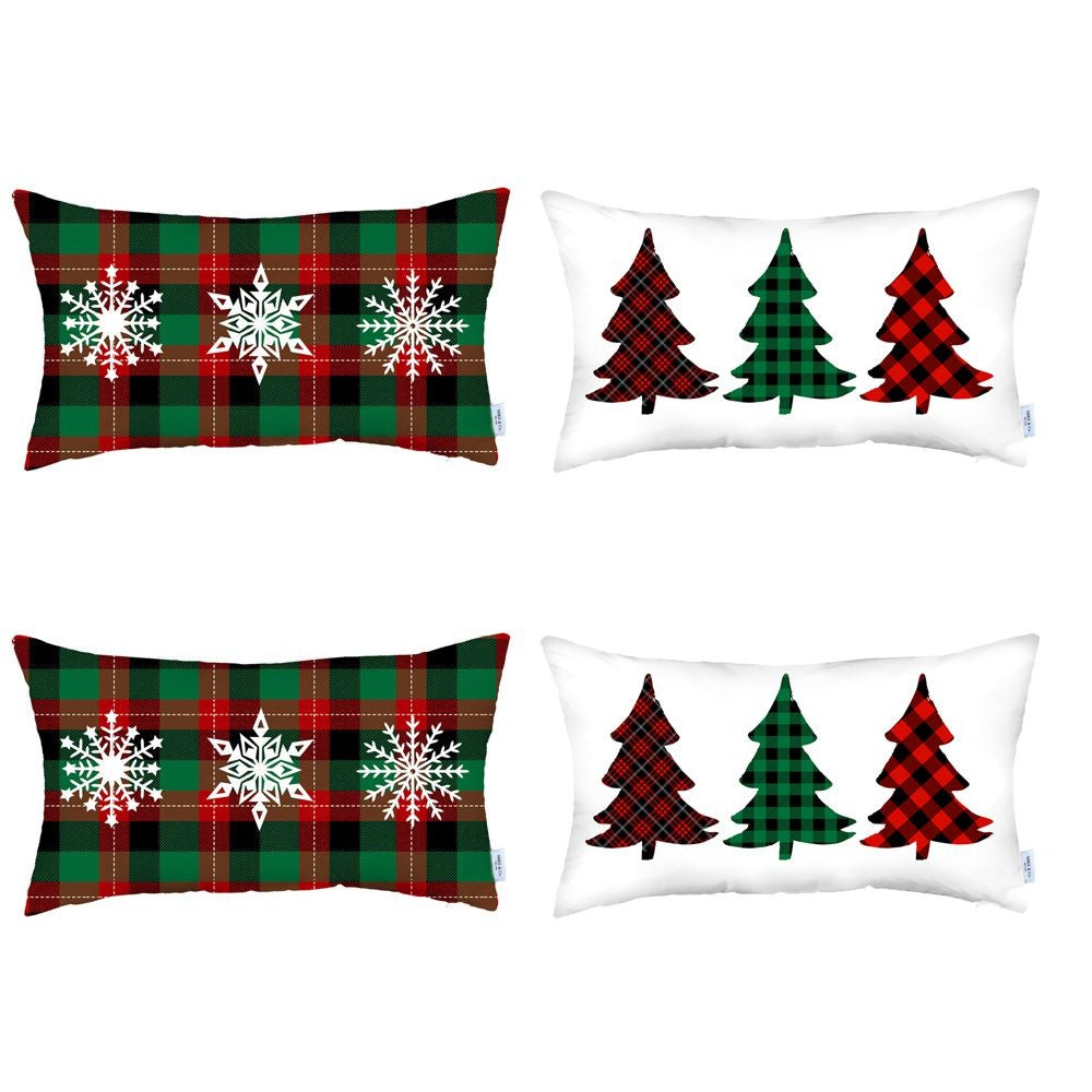 Set of Four White Red and Green Christmas Trees Plaid Fabric Lumbar Throw Pillows-3