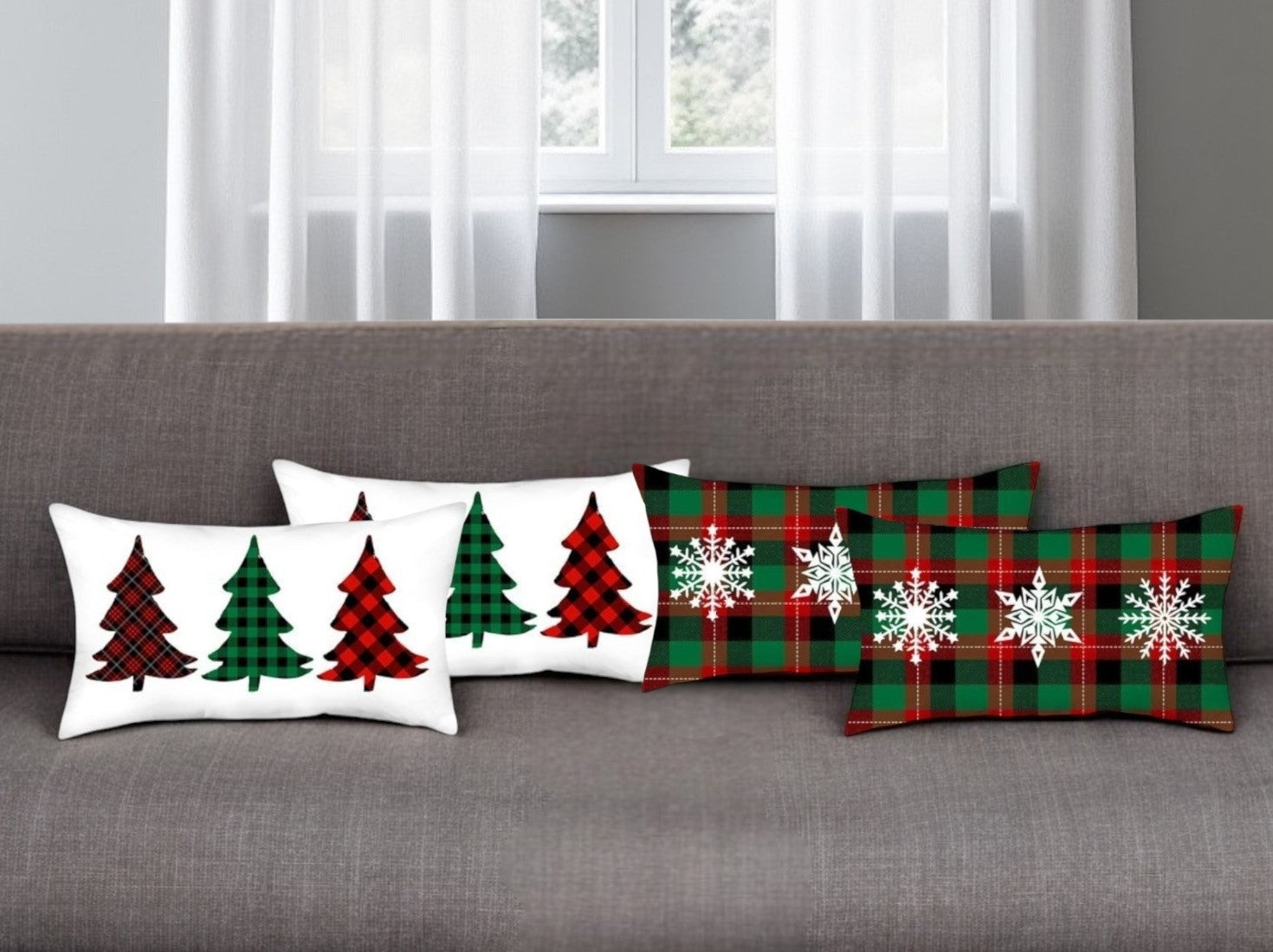 Set of Four White Red and Green Christmas Trees Plaid Fabric Lumbar Throw Pillows-0