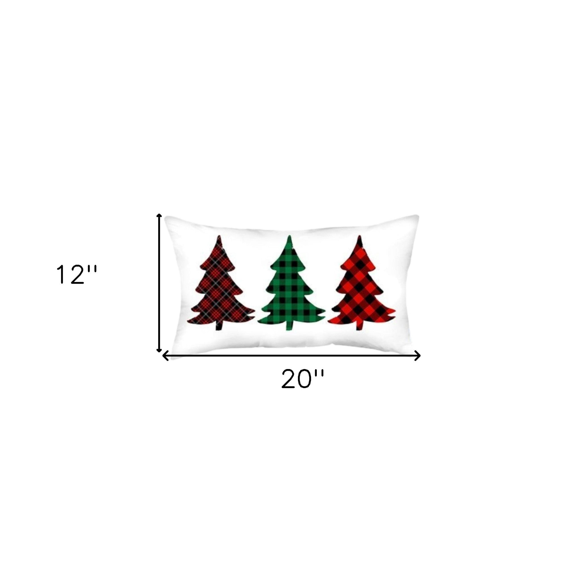 Set of Four White Red and Green Christmas Trees Plaid Fabric Lumbar Throw Pillows-7