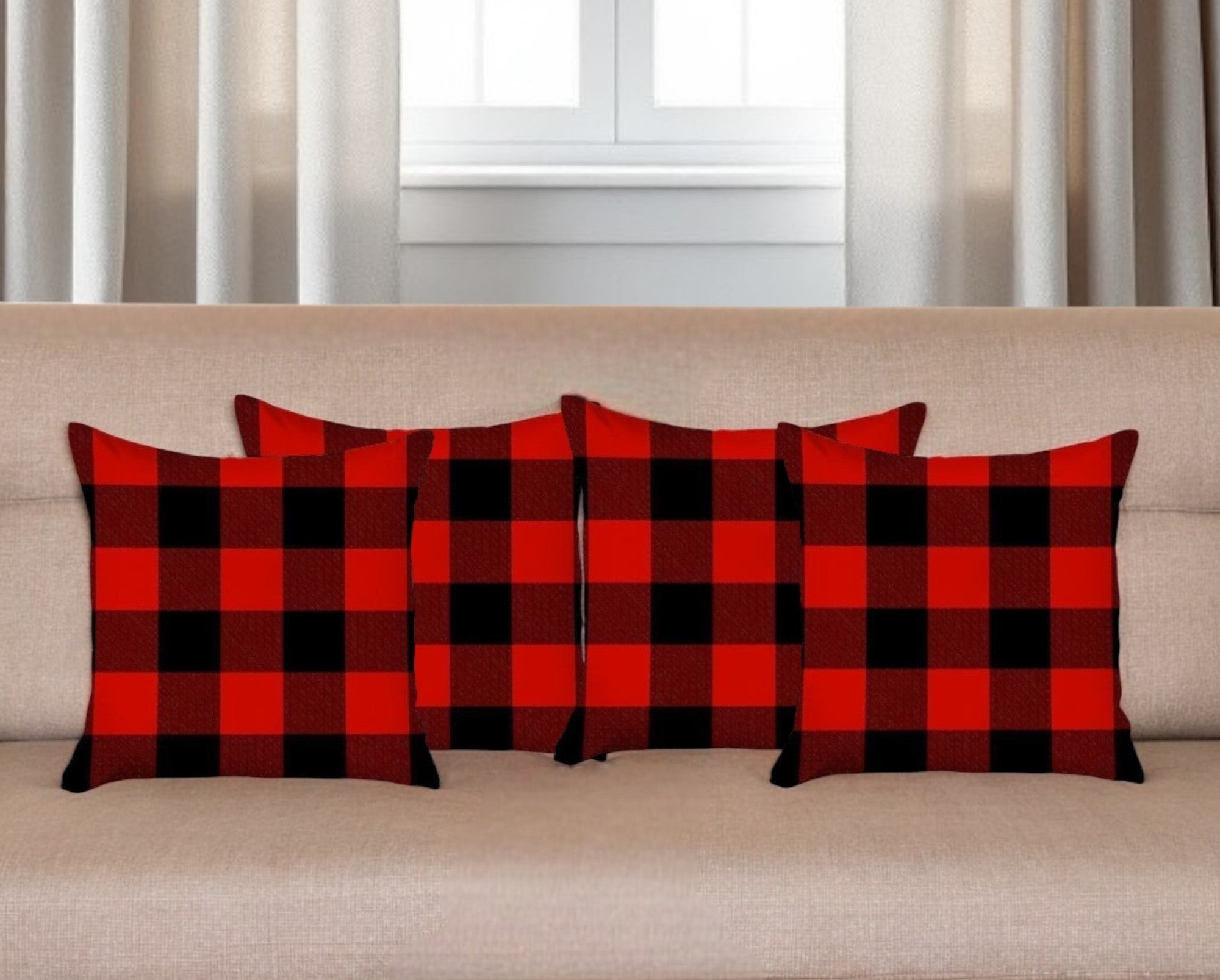 Set of Four 18" Red and Black Plaid Fabric Throw Pillow Covers-0