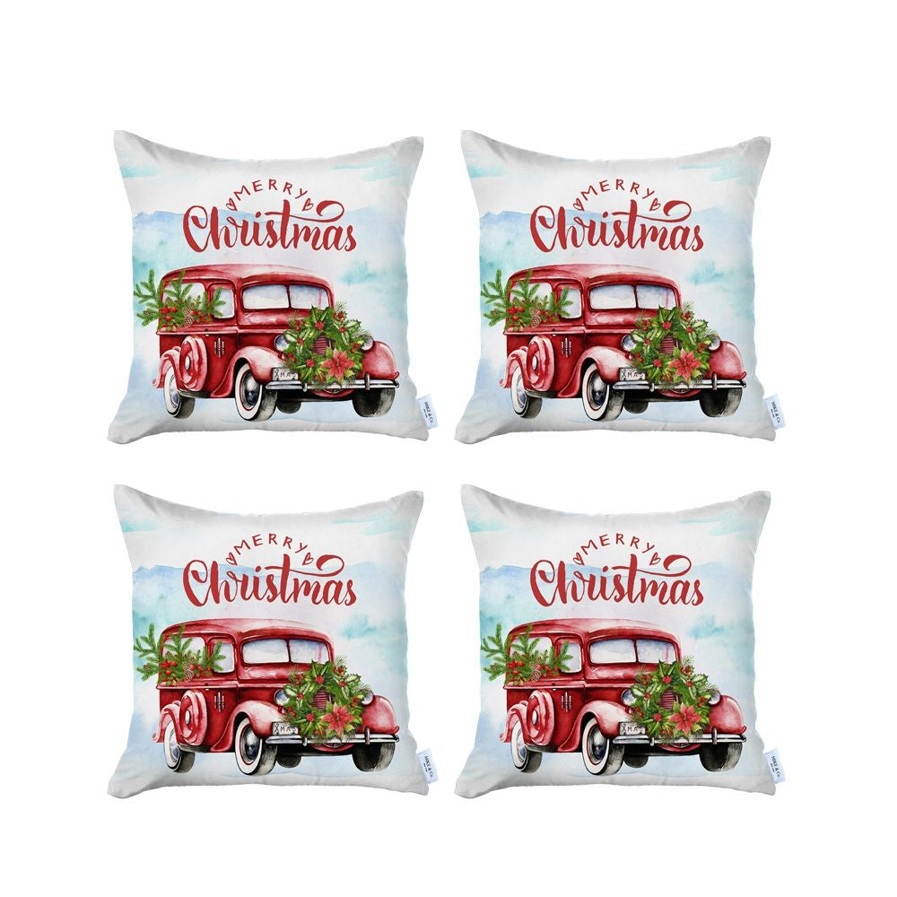 Set of 4 Merry Christmas Vintage Red Car Thow Pillow Covers-2