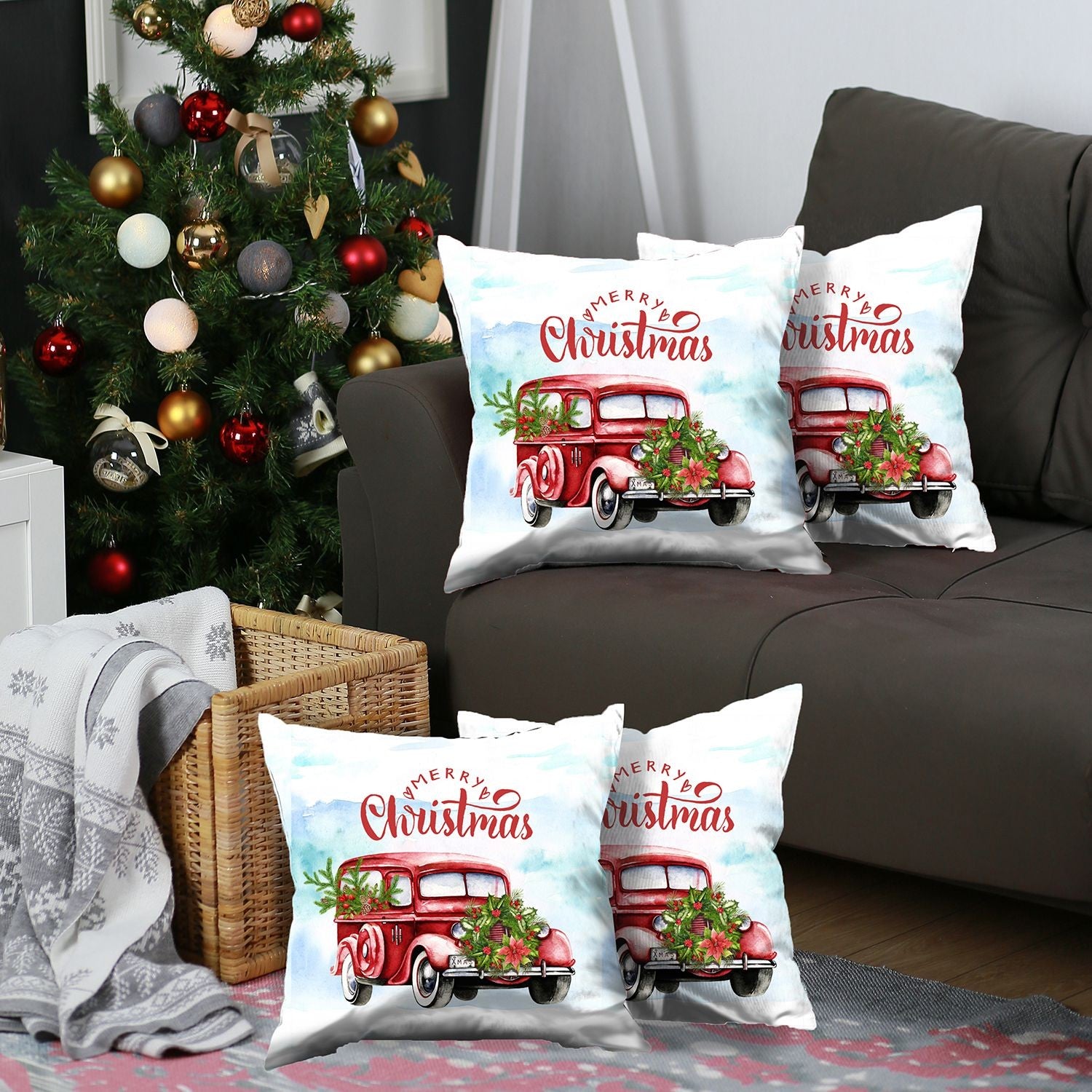 Set of 4 Merry Christmas Vintage Red Car Thow Pillow Covers-3