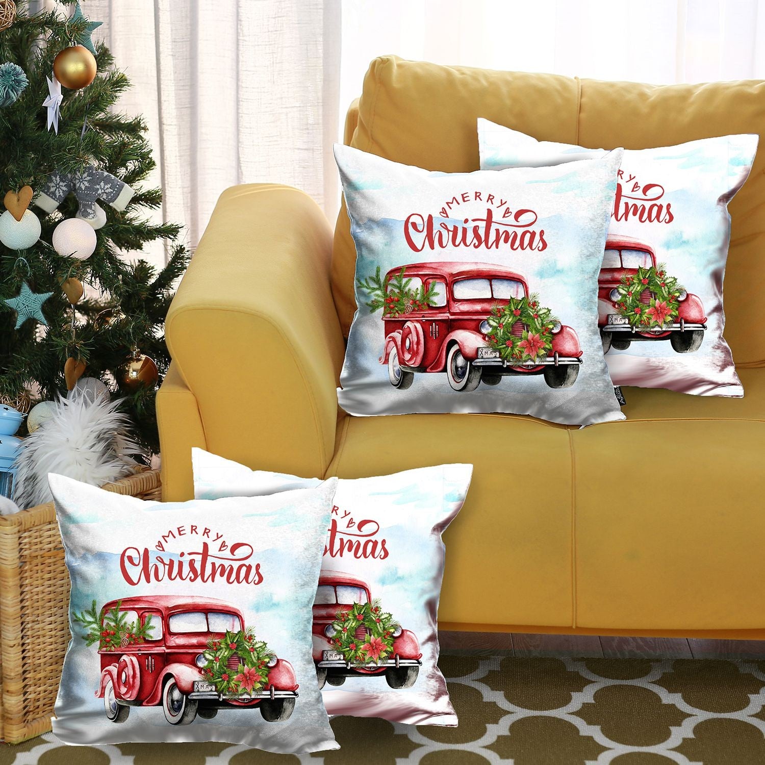 Set of 4 Merry Christmas Vintage Red Car Thow Pillow Covers-4