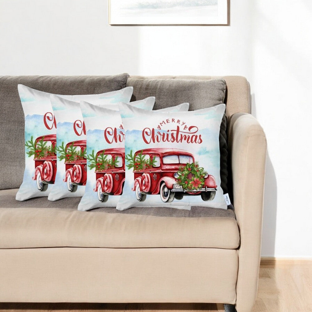 Set of 4 Merry Christmas Vintage Red Car Thow Pillow Covers-0