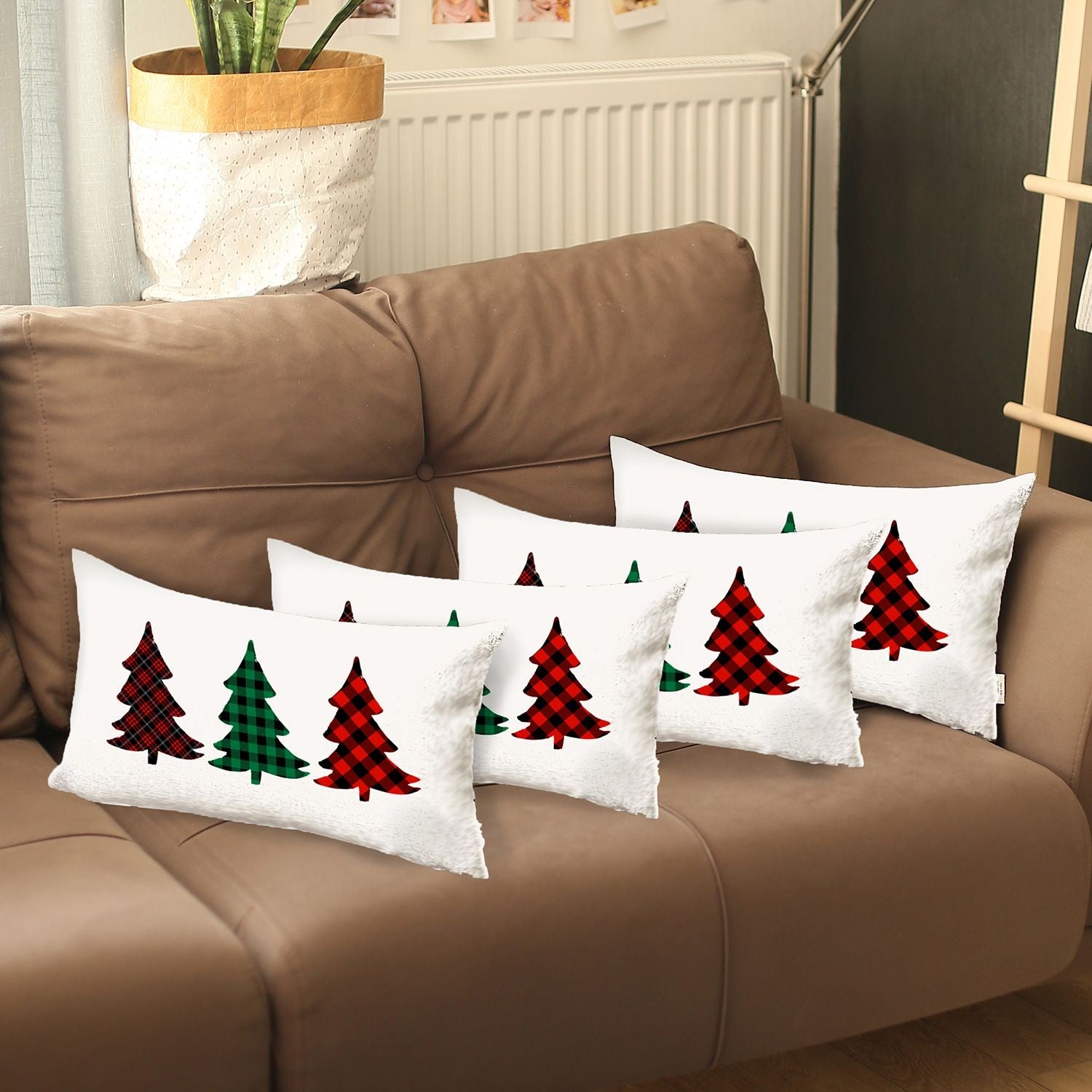 Set of 4 Christmas Tree Trio Plaid Lumbar Pillow Covers-3