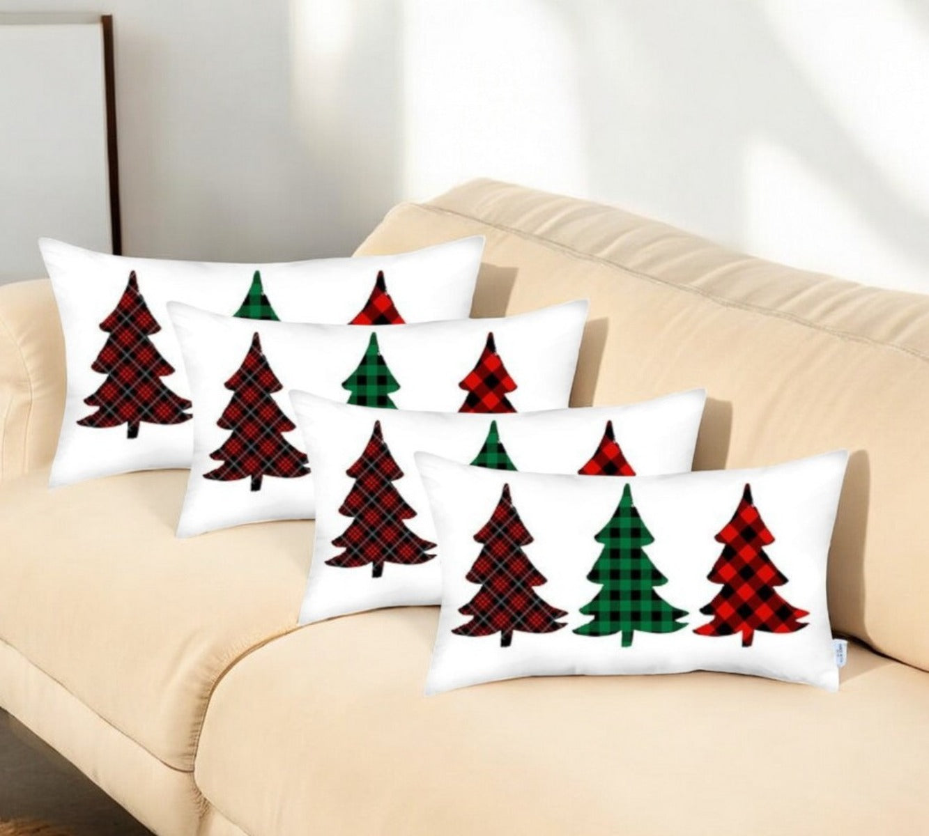 Set of 4 Christmas Tree Trio Plaid Lumbar Pillow Covers-1