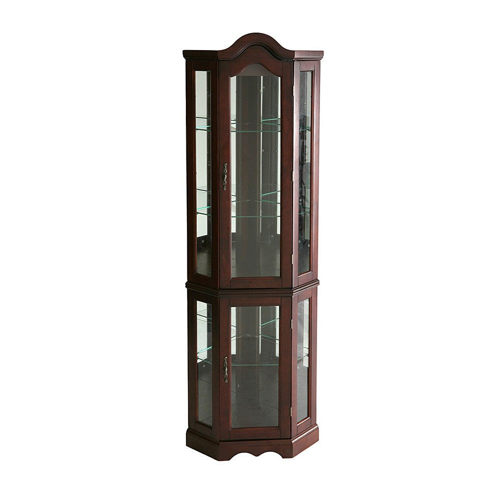 Mahogany Scallop Top Lighted Corner Curio Cabinet-0