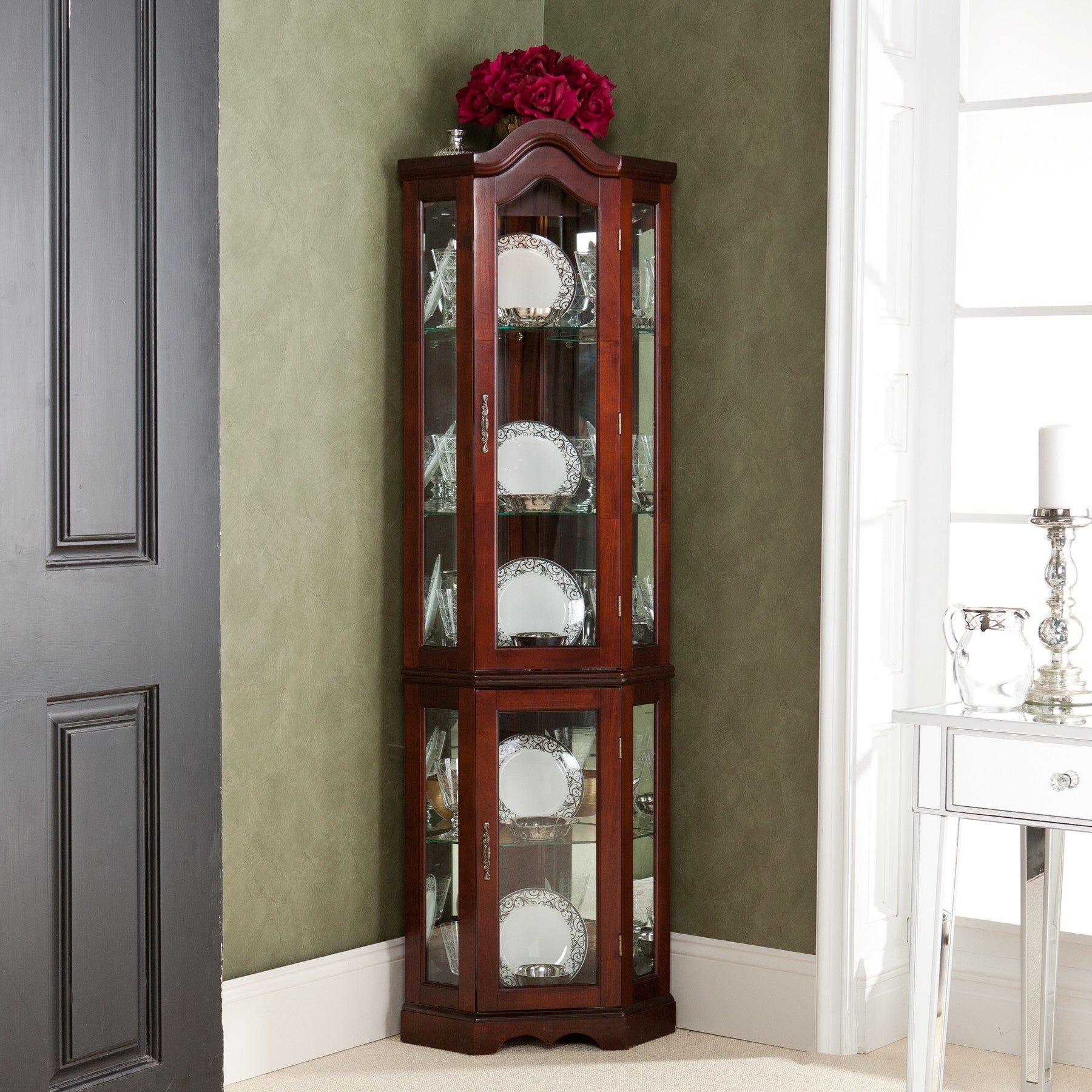 Mahogany Scallop Top Lighted Corner Curio Cabinet-6
