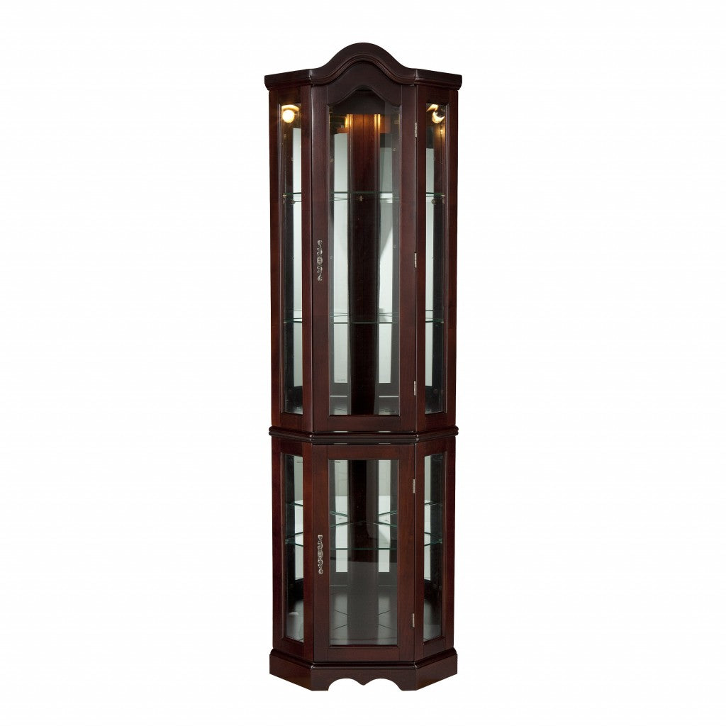 Mahogany Scallop Top Lighted Corner Curio Cabinet-1