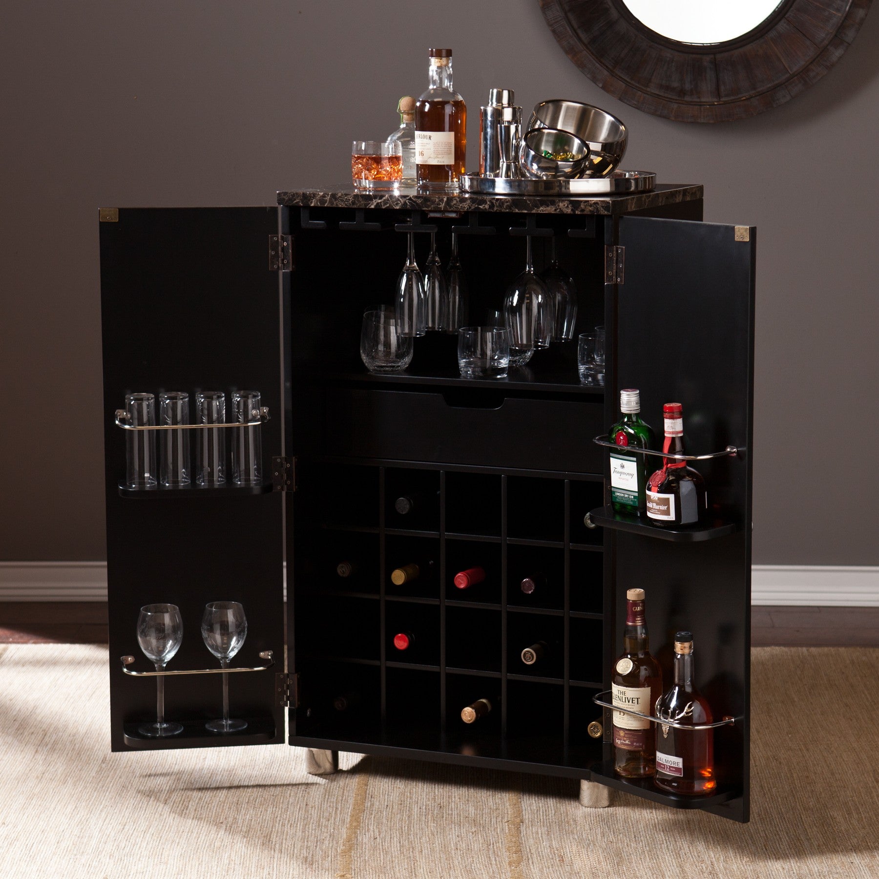 Metro Black Wood and Marble Bar Cabinet-4