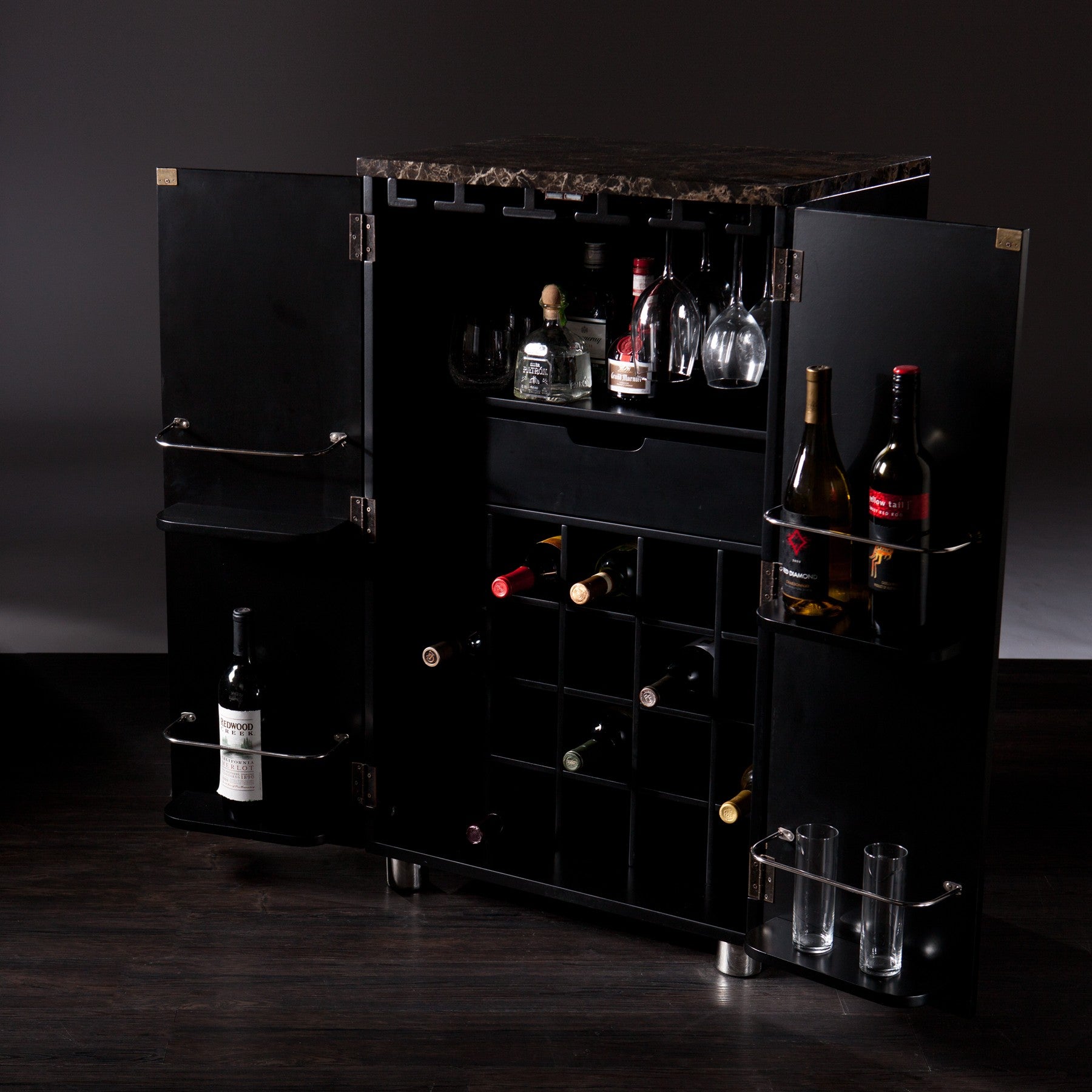 Metro Black Wood and Marble Bar Cabinet-6