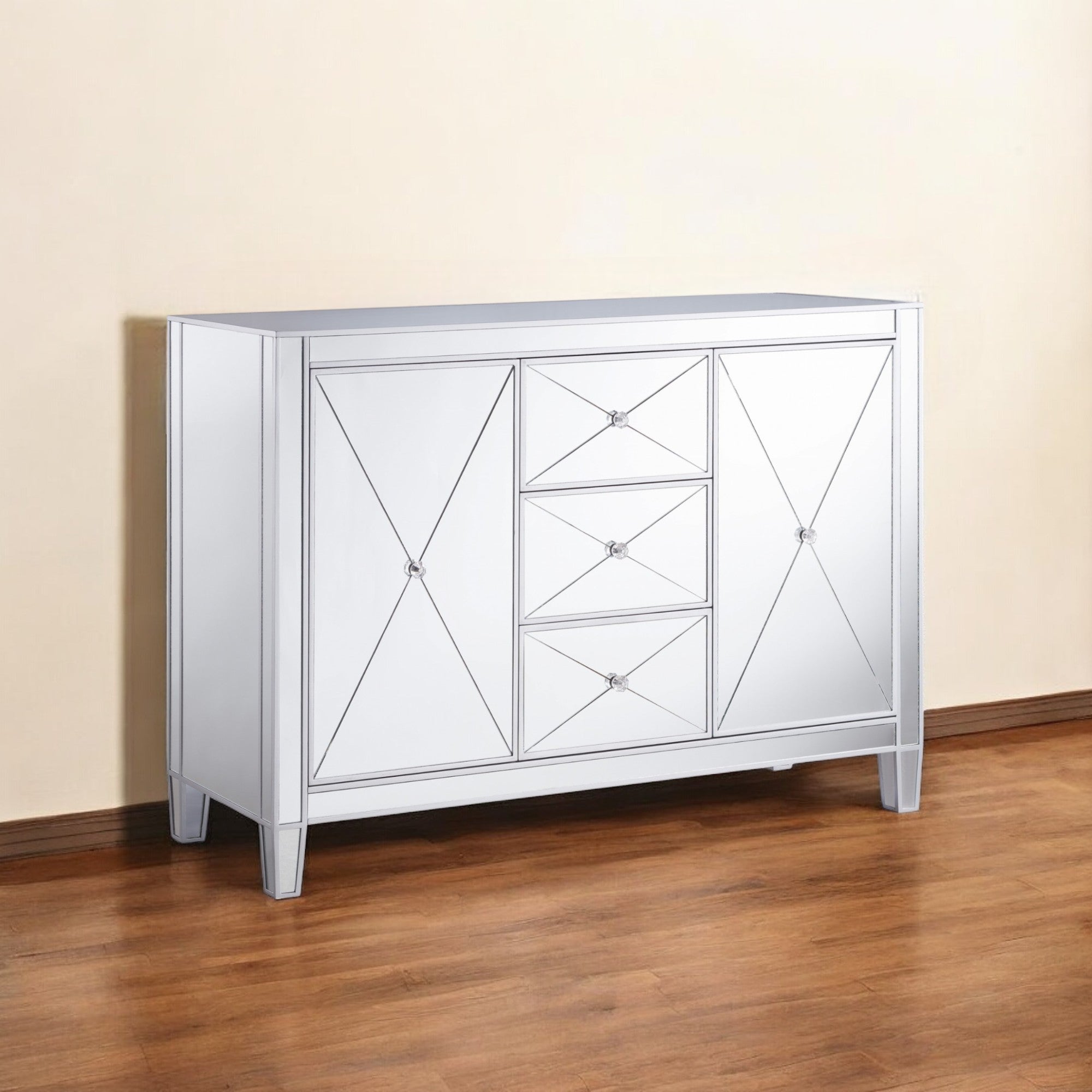 50" Silver Wood and Glass Three Drawer Credenza with Two Doors-0