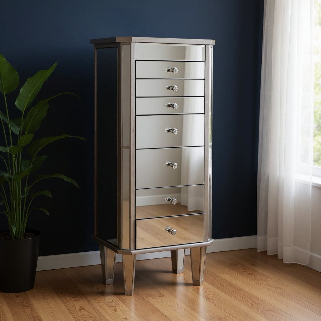 18" Silver Mirrored Writing Desk With Seven Drawers-0