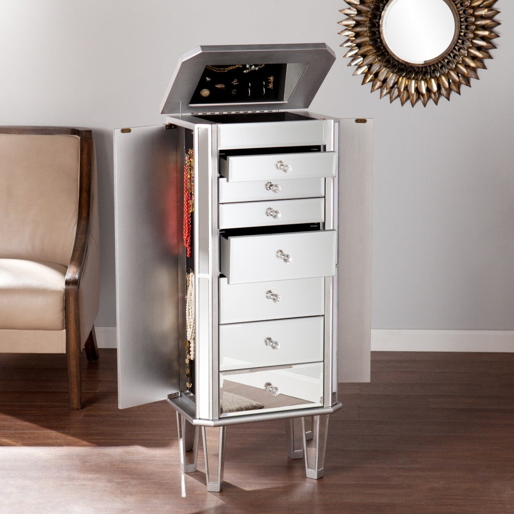 18" Silver Mirrored Writing Desk With Seven Drawers-6