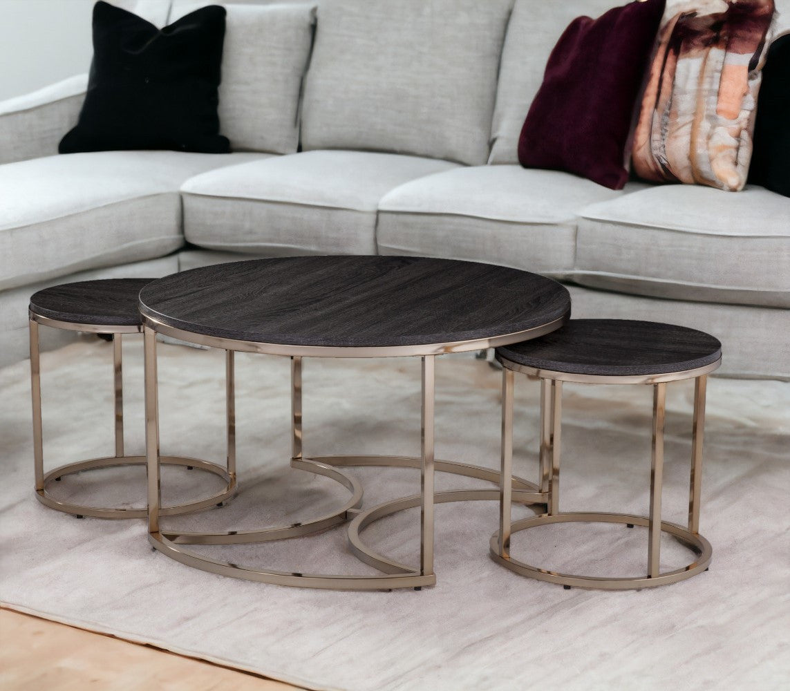 32" Champagne And Charcoal Manufactured Wood And Metal With Iron Round Coffee Table-1